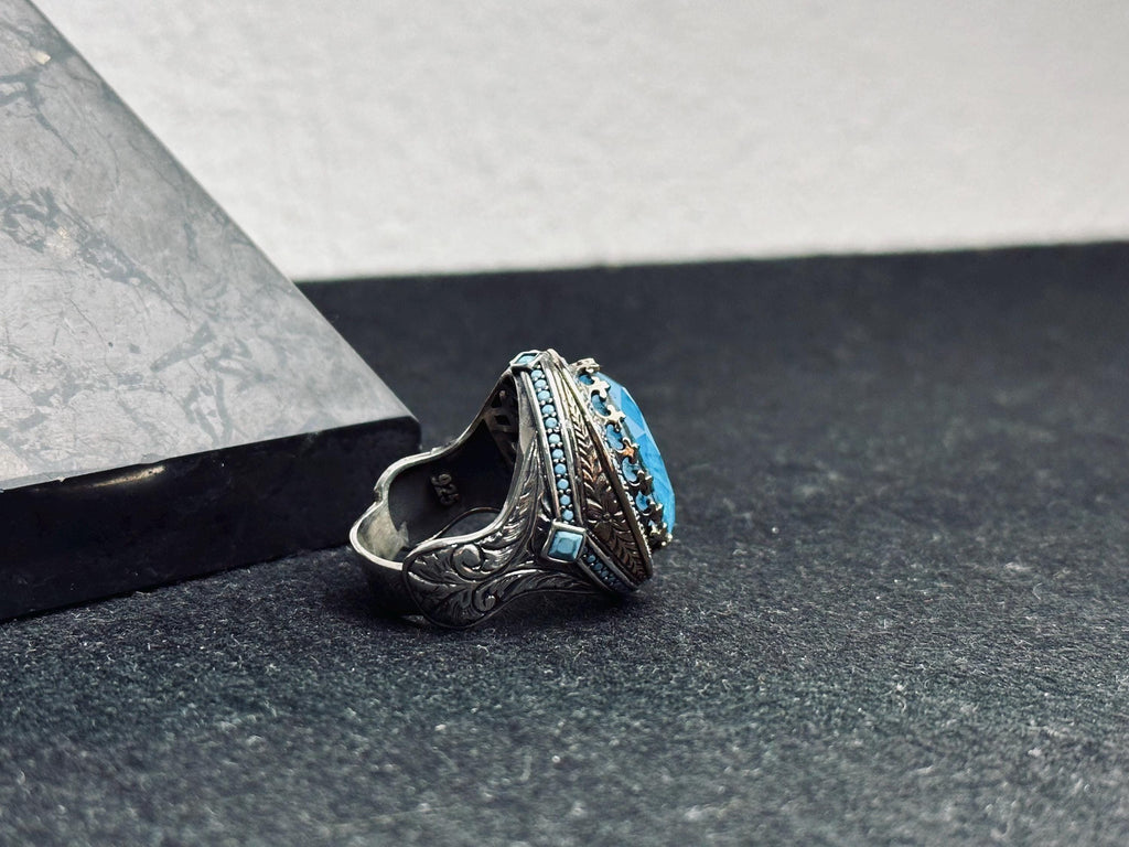 Men's Sterling Silver Signet Ring, Oval Aquamarine & Blue Paraiba (Handmade)