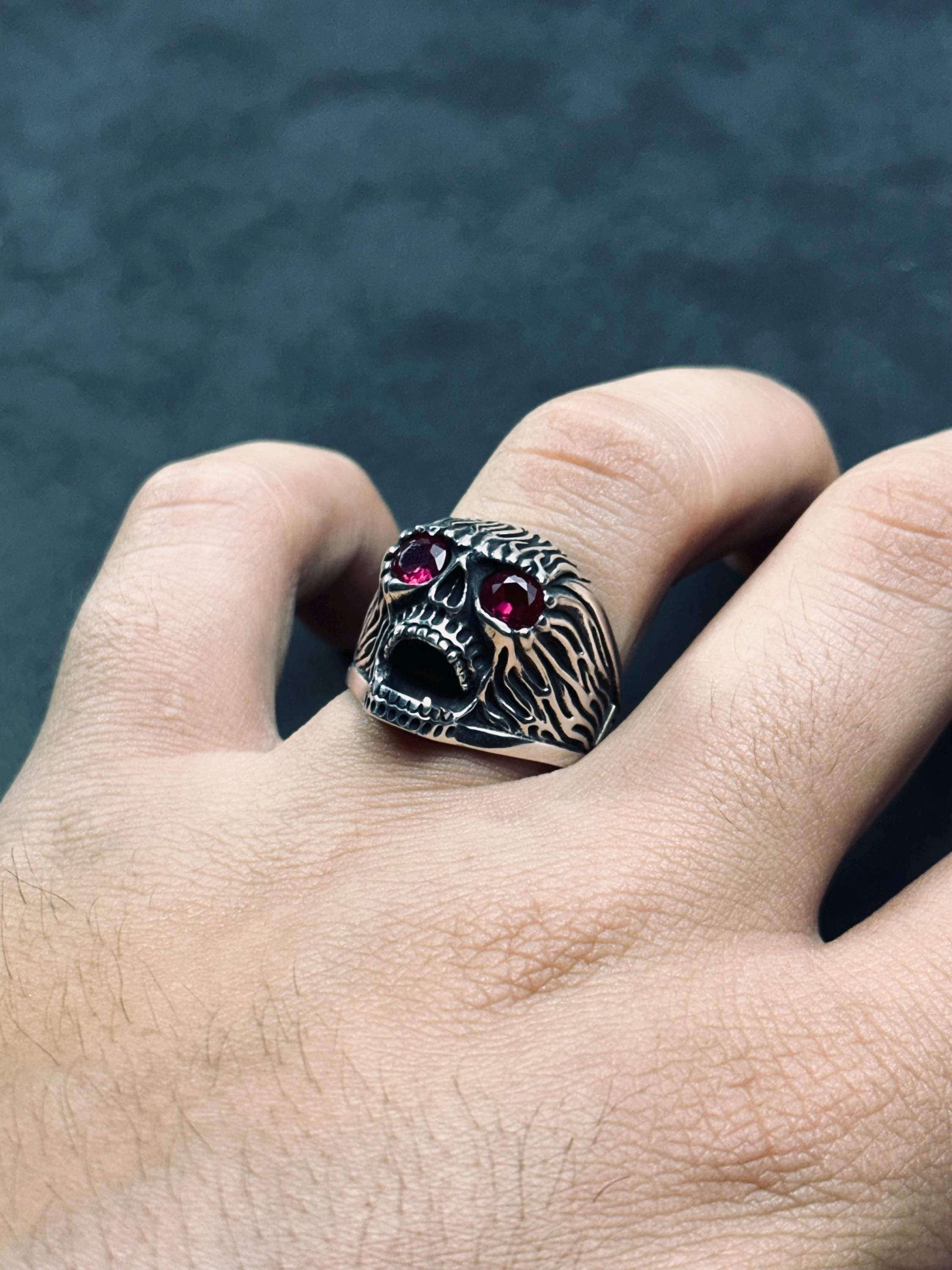 Engraved Skull Biker Ring: Sterling Silver, Handmade Goth Jewelry
