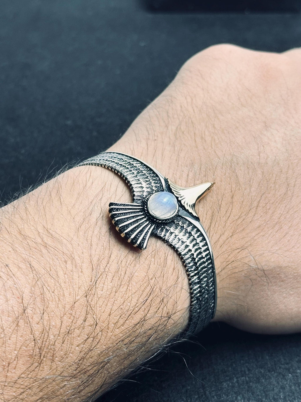 Eagle Moonstone Bracelet: Handmade Sterling Silver (Cuff Style)