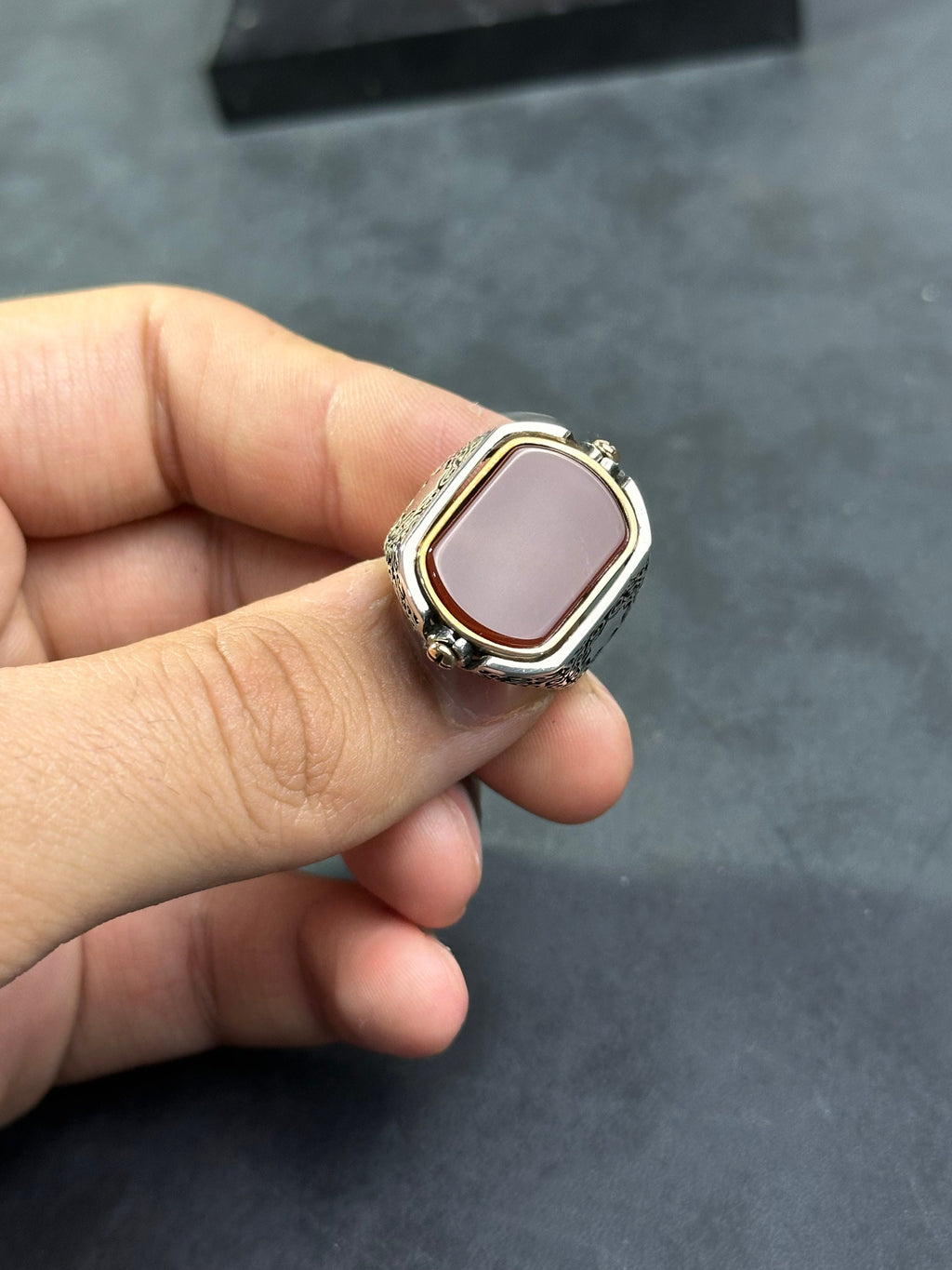 Men's Red Agate Silver Ring, Seal of Solomon (Double-Sided Design)