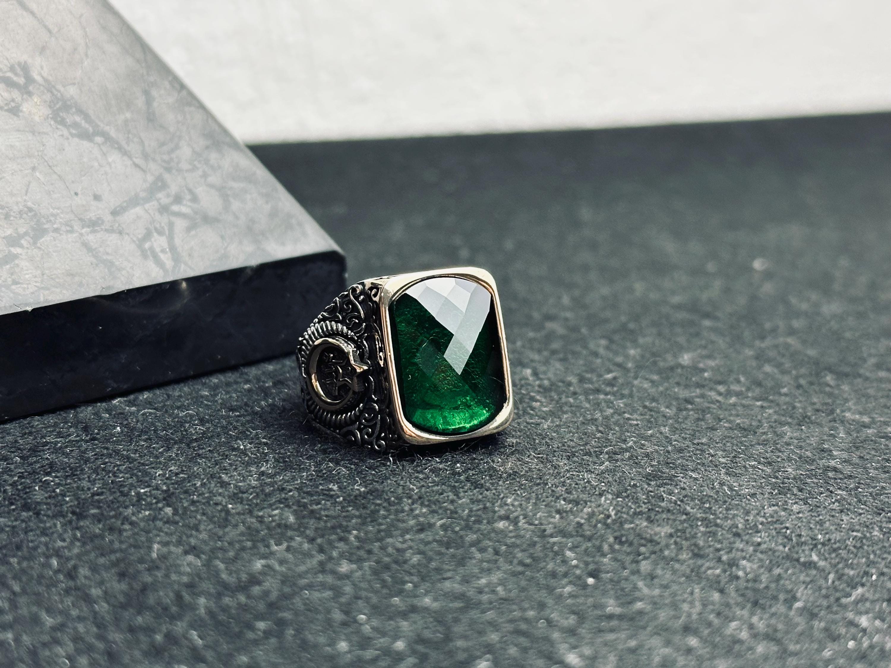 Colombian Emerald Ring for Men: Square Cut, Moon & Star Design