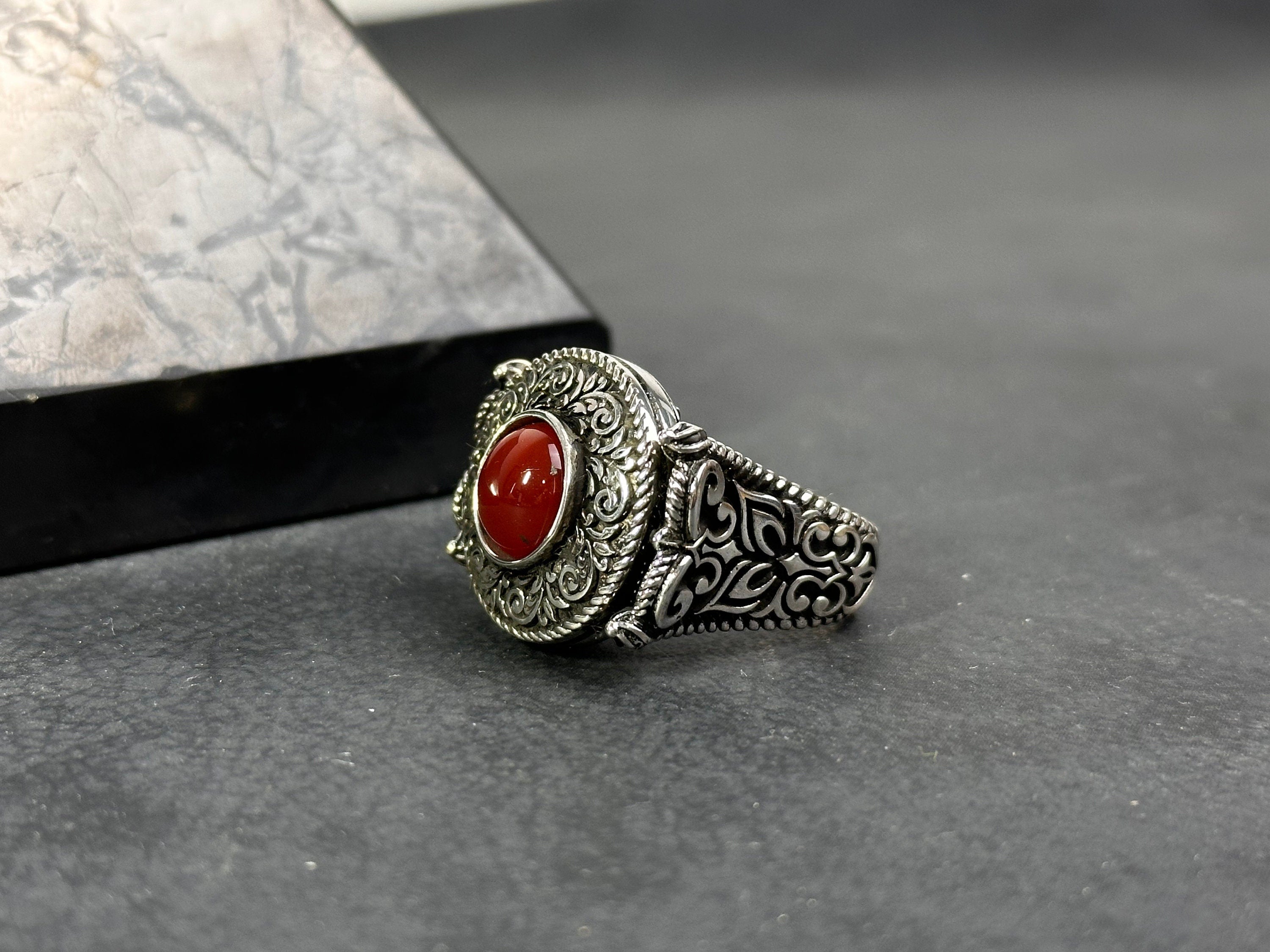 Engraved Sterling Silver Ring: Red Agate Gemstone (Men's Handmade)