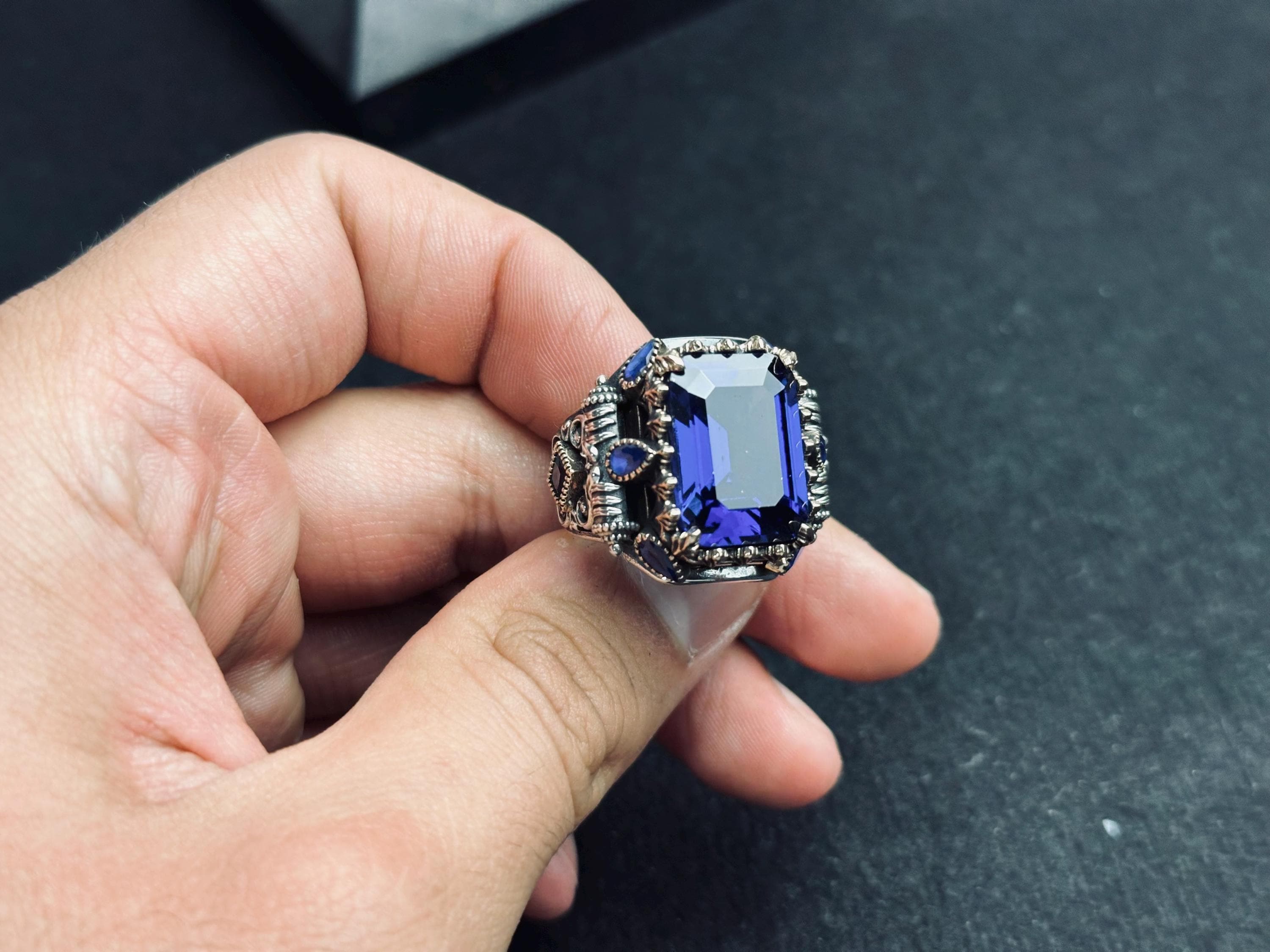 Blue Sapphire Statement Ring: Turkish Handmade Silver (Square Cut)