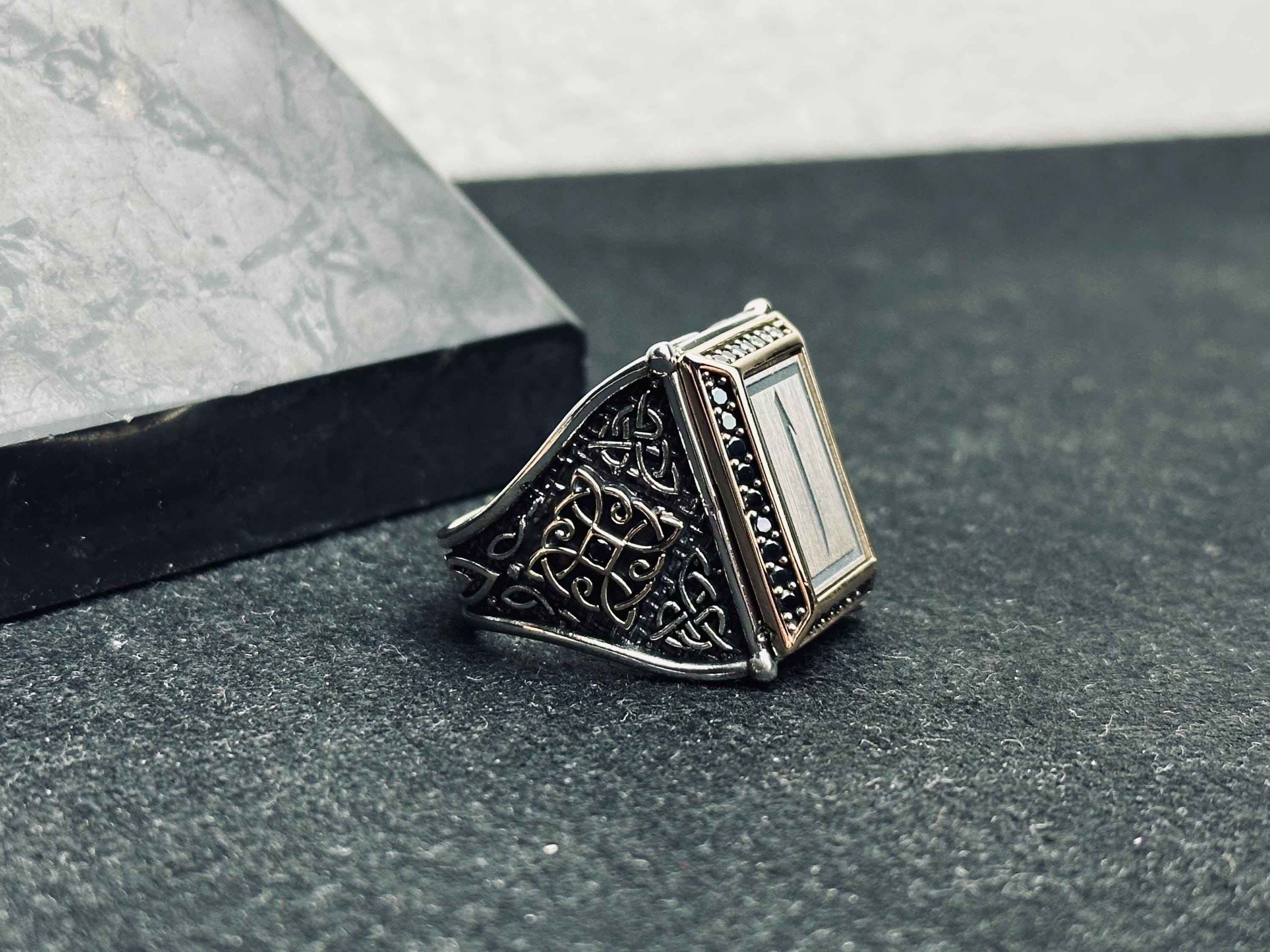 Square Elif Vav Ring: Turkish Sterling Silver - Ottoman Calligraphy Design