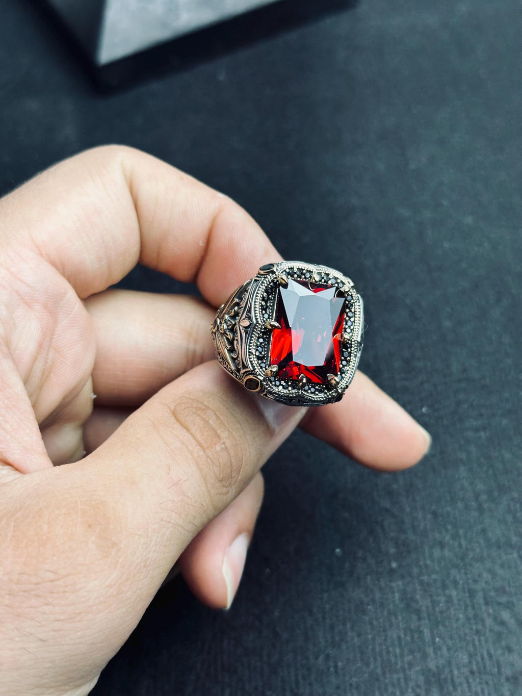 Ottoman Style Ruby Ring - Men's Sterling Silver Statement Jewelry