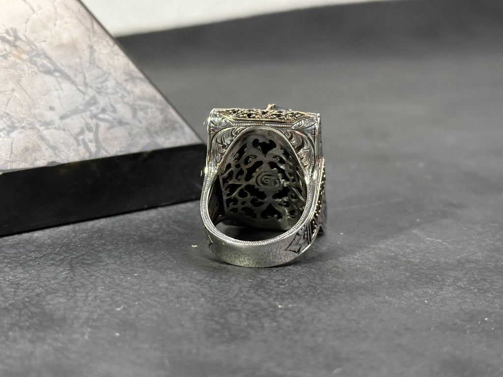 Solomon Seal Ring - Sterling Silver Amber Stone for Men