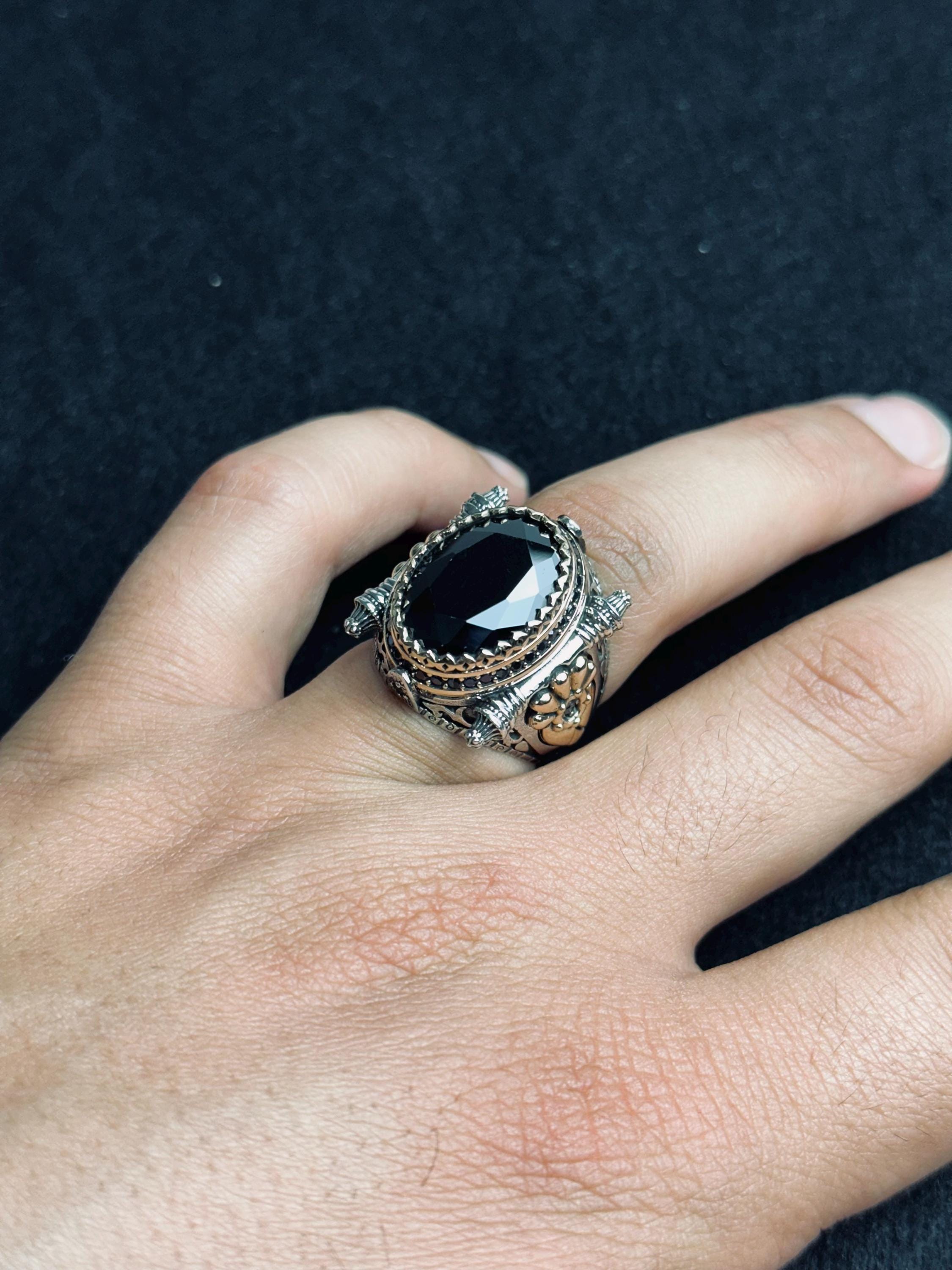 Men's Statement Silver Ring - Black Zircon, Ottoman Style