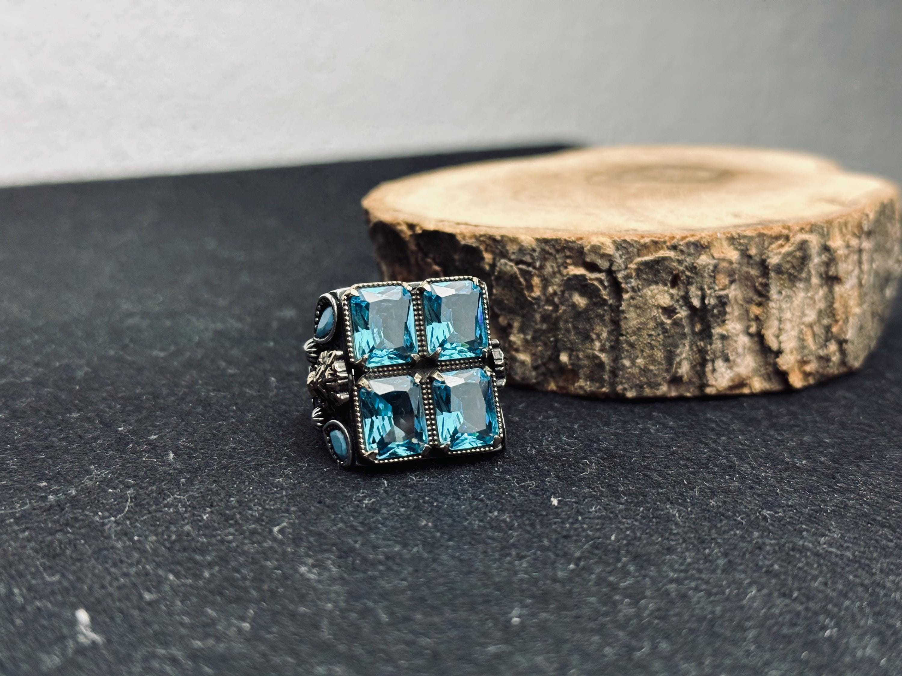 Square Aquamarine Ring: Men's Sterling Silver Statement (Handmade)