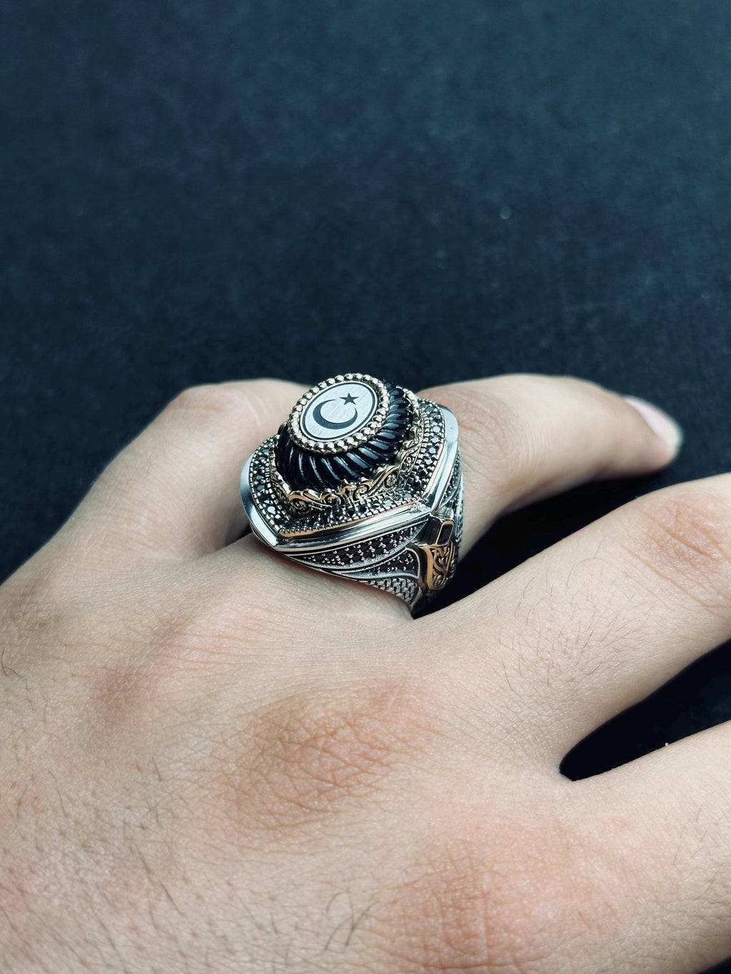 Men's Sterling Silver Ring: Turkish Moon Star - Handmade Oval Band