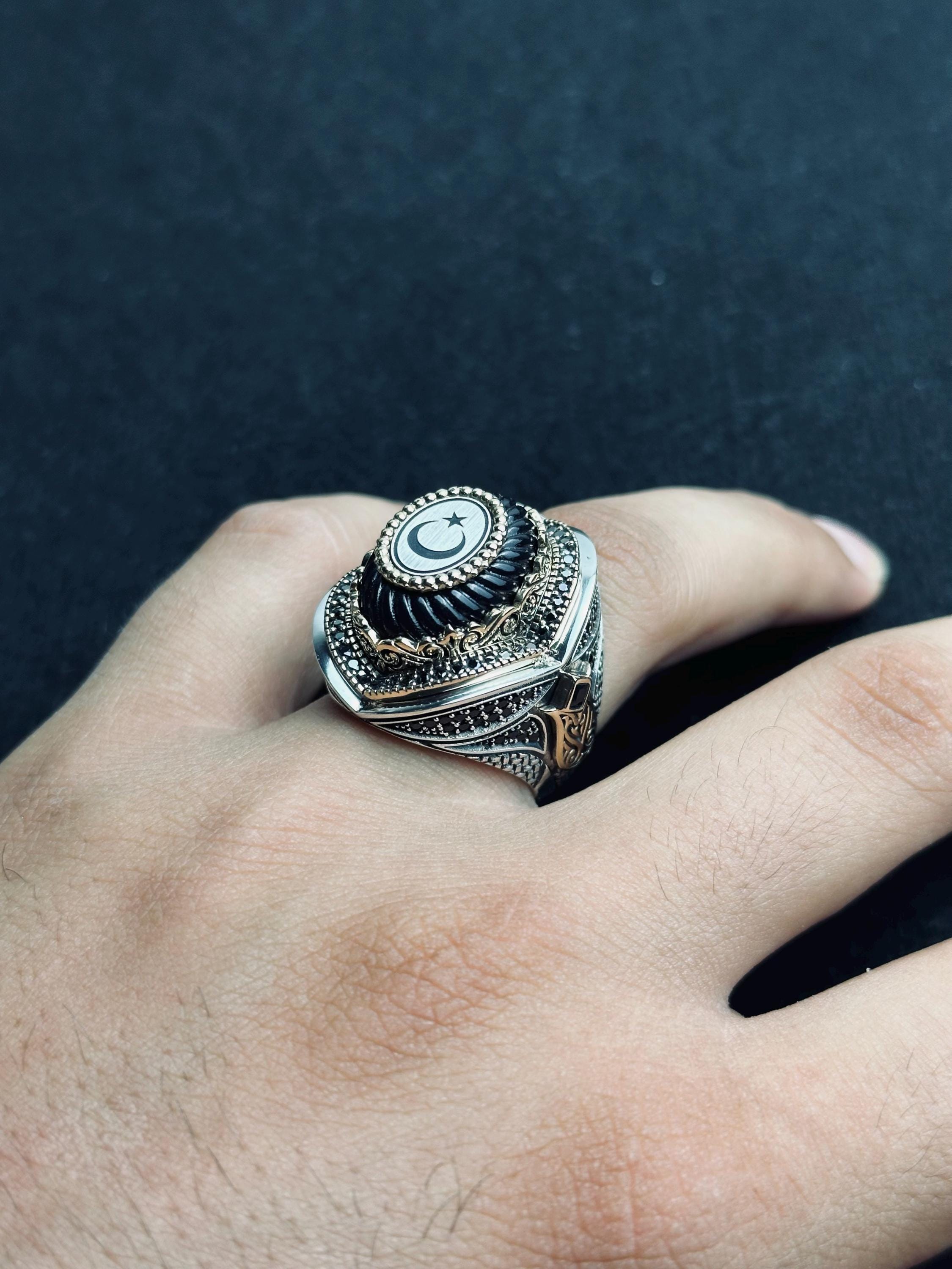 Men's Sterling Silver Ring: Turkish Moon Star - Handmade Oval Band