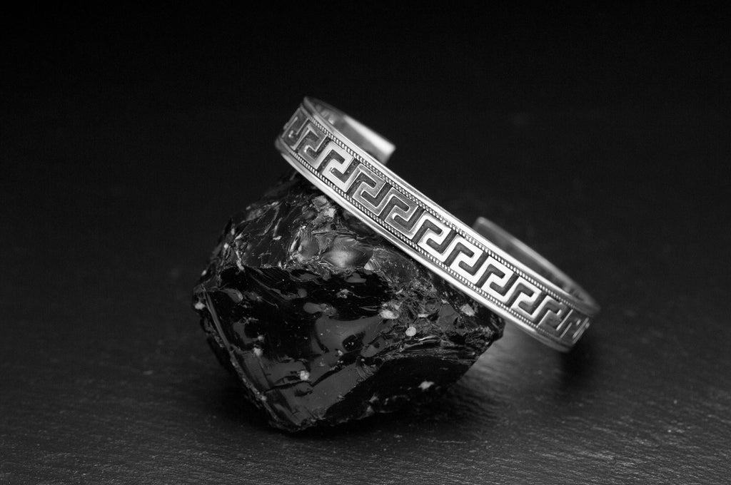 Engraved Silver Cuff Bracelet: Greek Key Pattern (Sterling, Handmade)