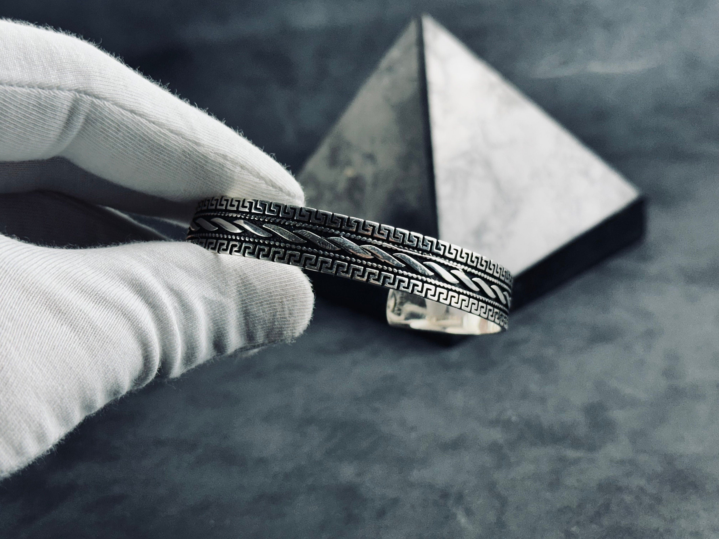 Greek Sterling Silver Cuff Bracelet, Handmade Adjustable (Unisex)