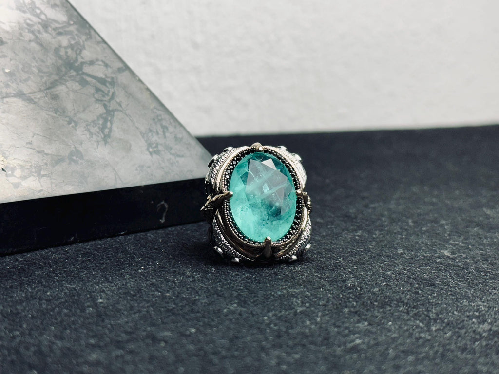 Blue Paraiba Lion Head Ring - Sterling Silver Handmade Men's Statement