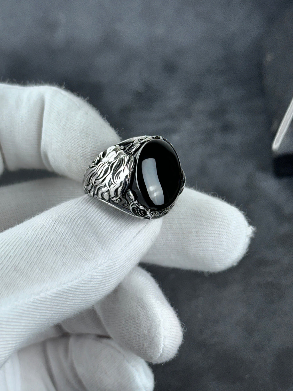 Silver Onyx Lion Ring - Handmade Sterling Statement Jewelry