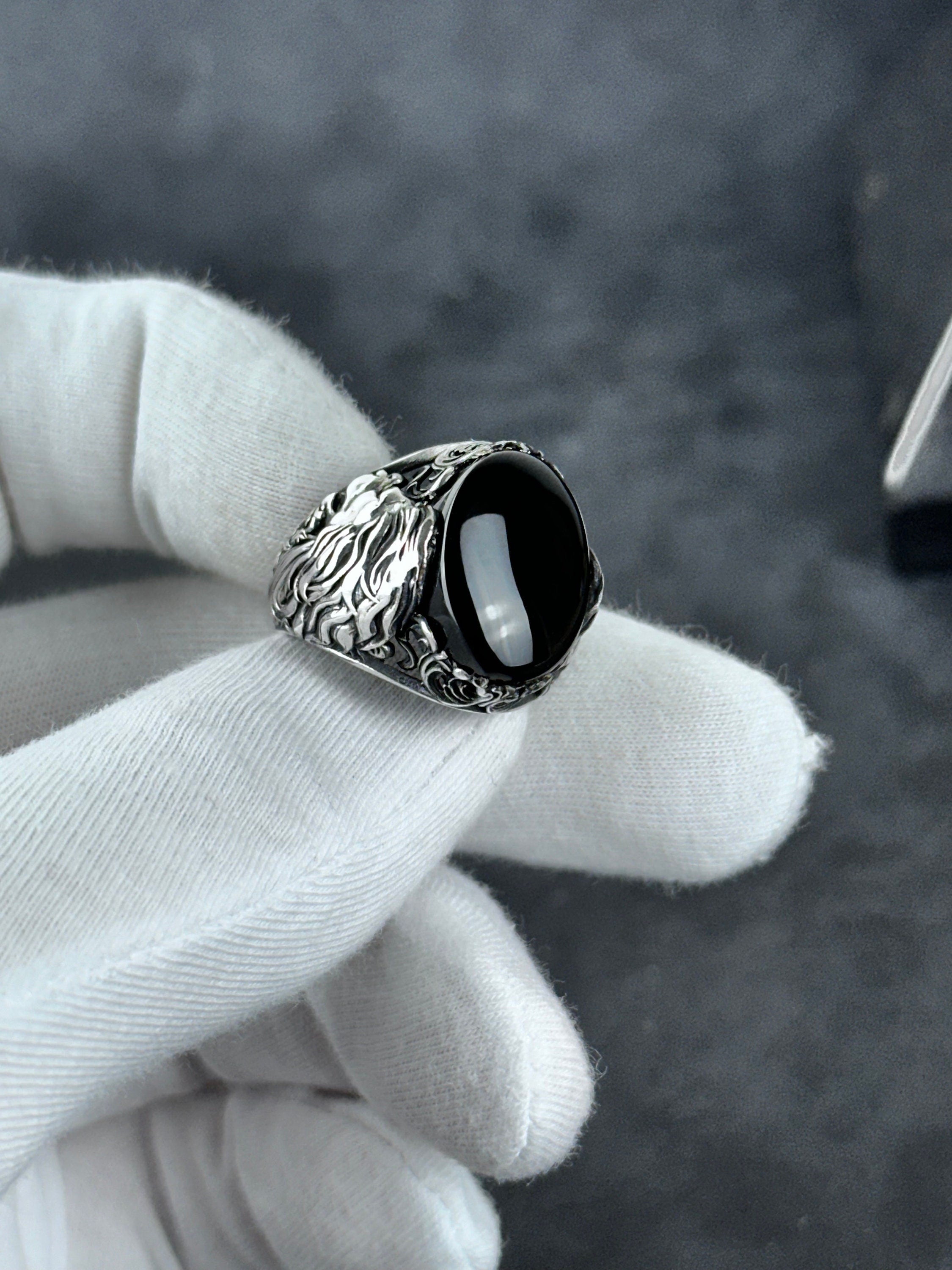 Silver Onyx Lion Ring - Handmade Sterling Statement Jewelry