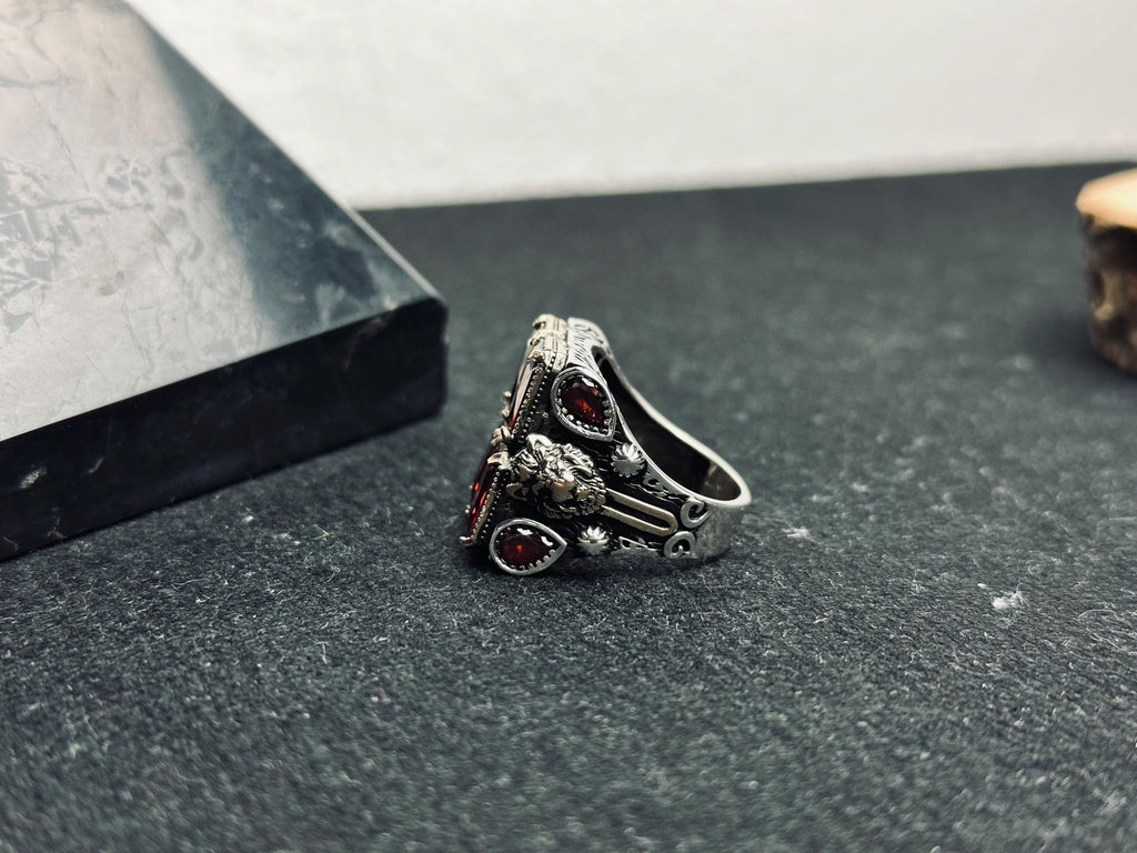 Men’s Ruby Ring, Sterling Silver, Bold Square Red Gemstone (Handmade)