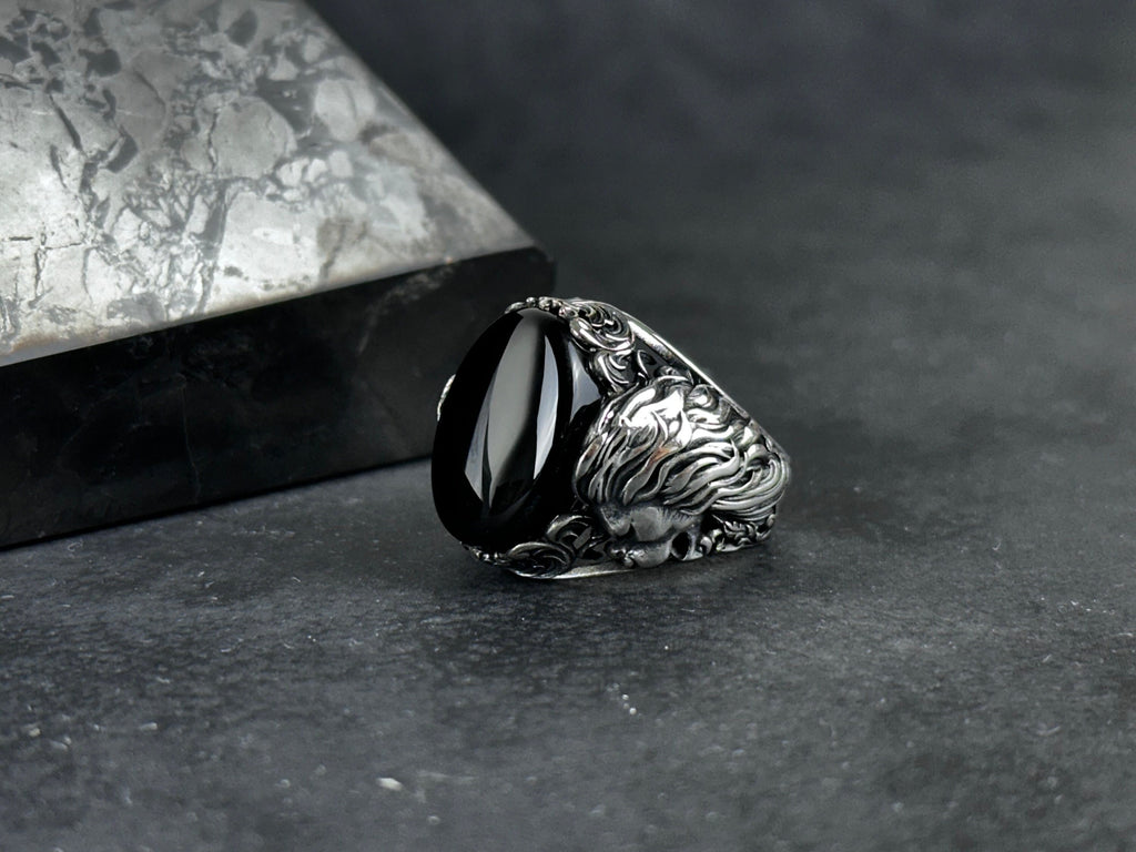 Silver Onyx Lion Ring - Handmade Sterling Statement Jewelry