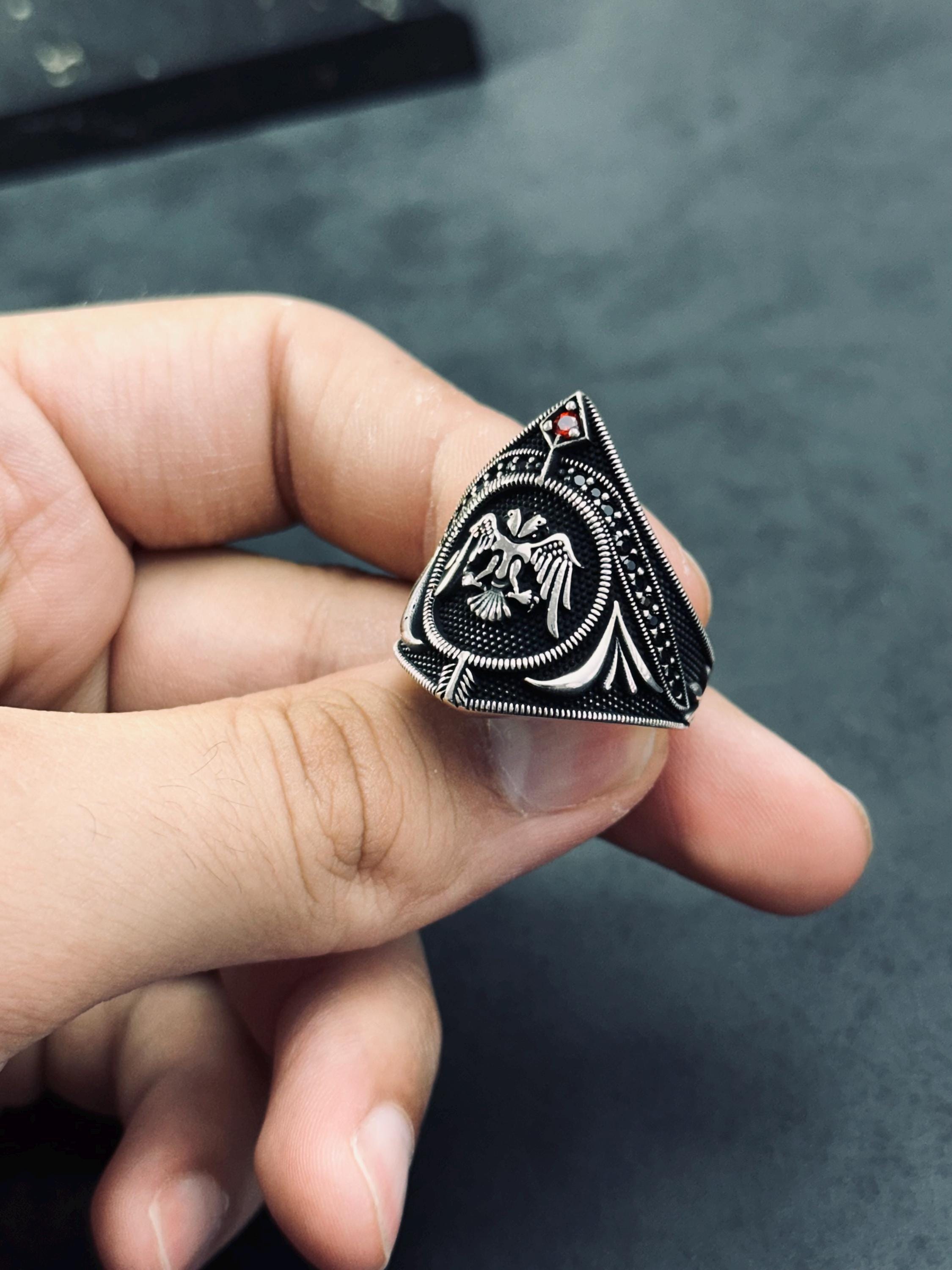 Sterling Silver Eagle Warrior Ring, Double Headed CZ (Men's Statement)