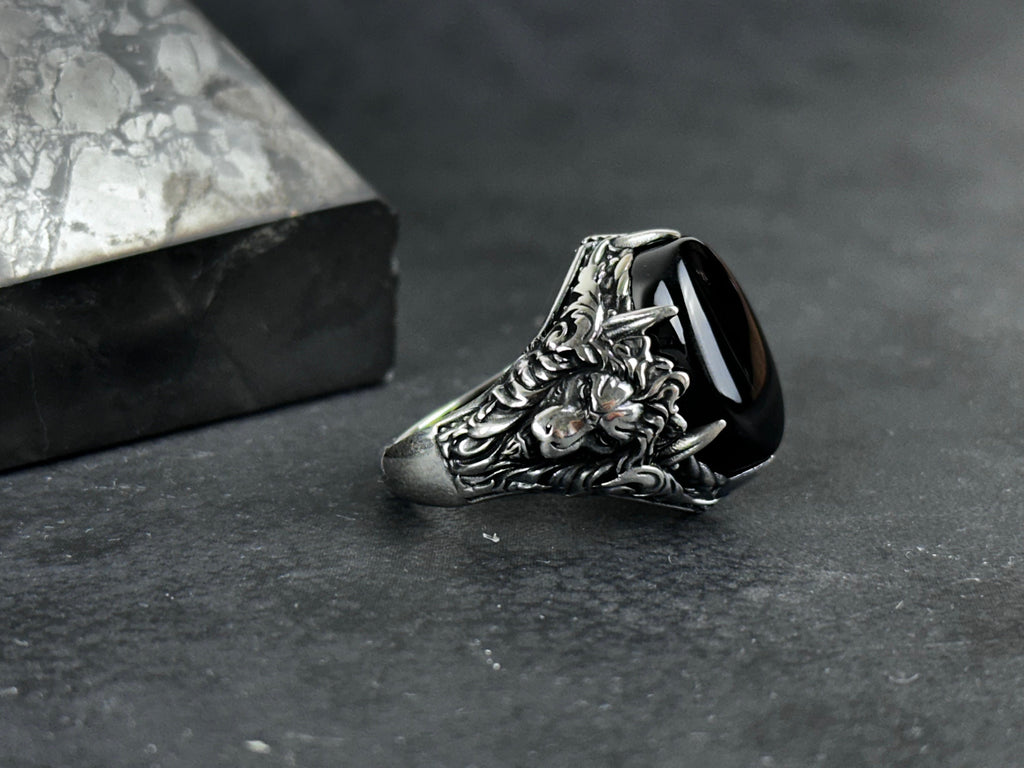 Men's Sterling Silver Onyx Ring, Lion Detail (Handcrafted)