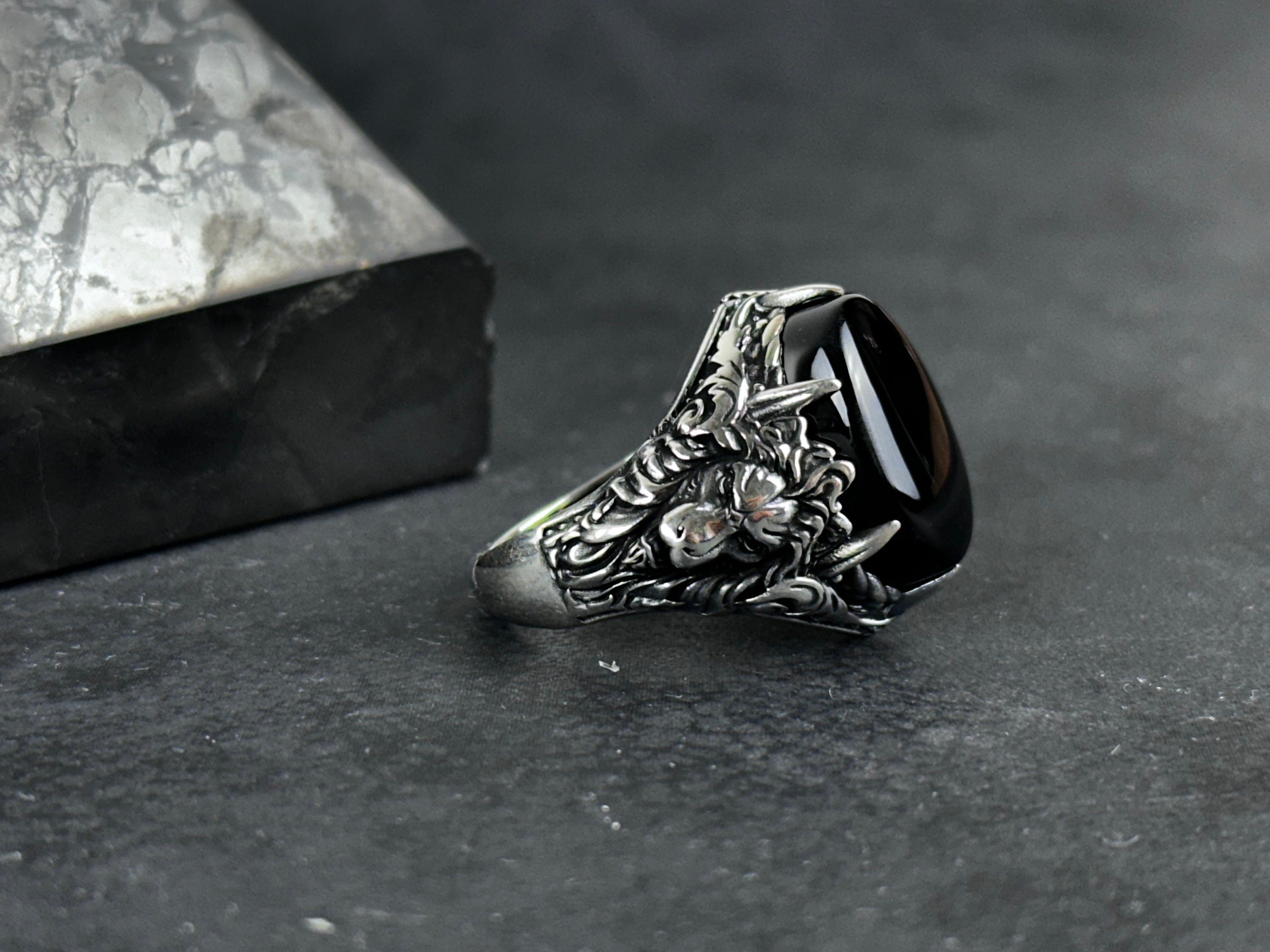 Men's Sterling Silver Onyx Ring, Lion Detail (Handcrafted)