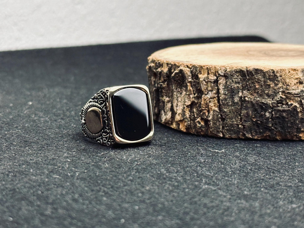 Square Onyx Ring: Turkish Handmade Silver - Engraved Ottoman Style