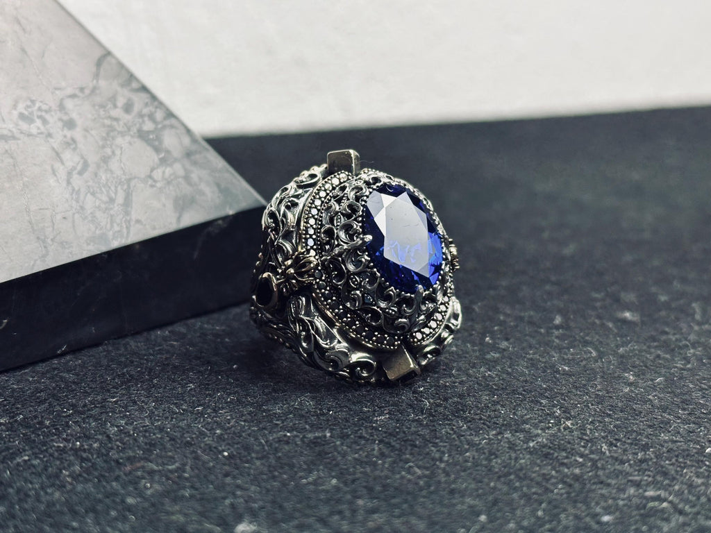 Blue Sapphire Ring 925 Sterling Silver Men Statement Ring Handmade Luxury Jewelry