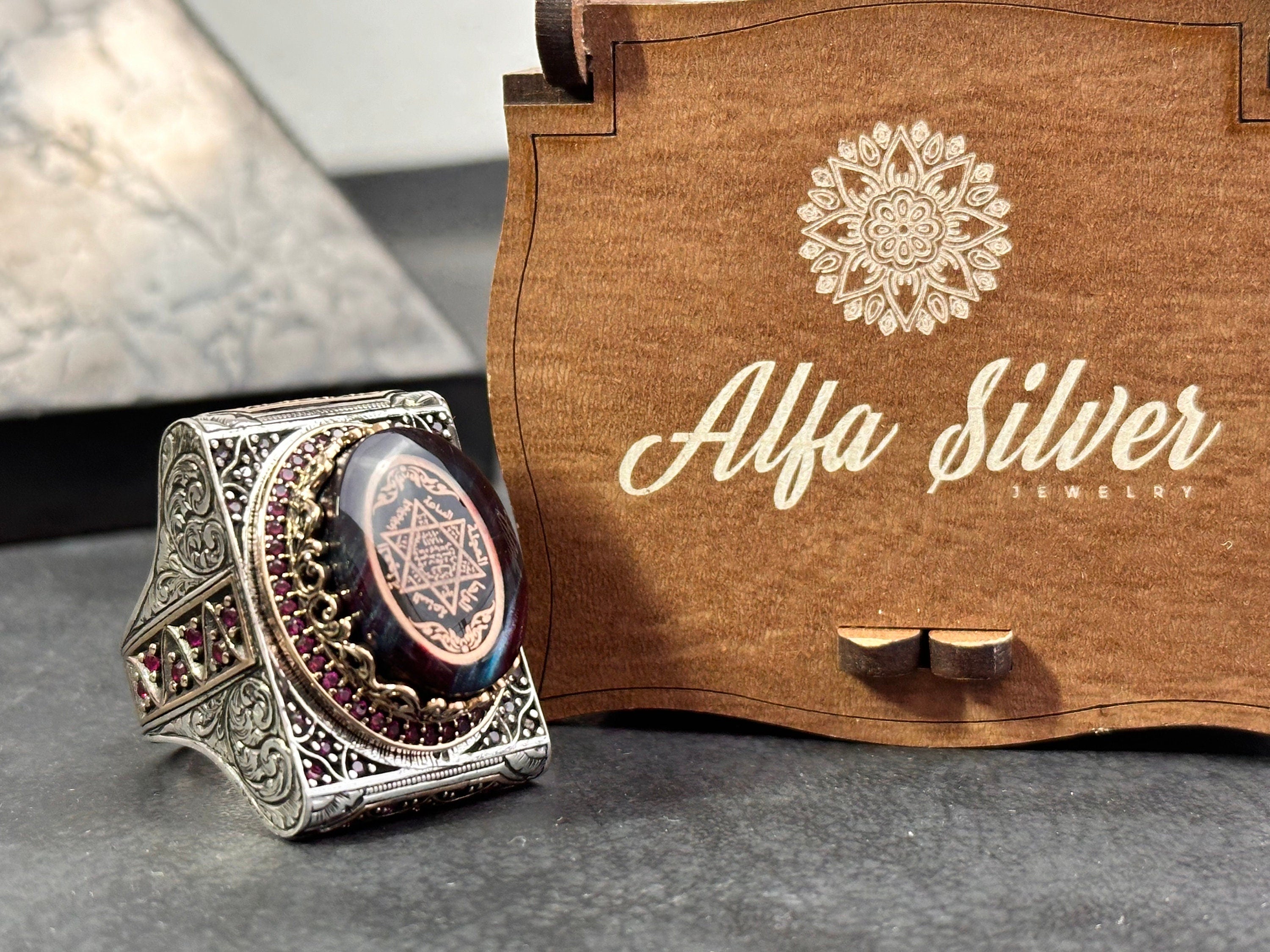 Solomon Seal Ring: Large Amber Stone - Sterling Silver Men’s Jewelry