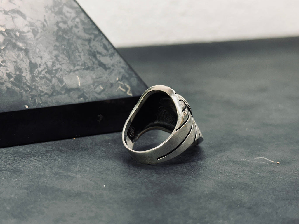 Men's Sterling Silver Ring, Green Agate Stone (Bold Signet Style)