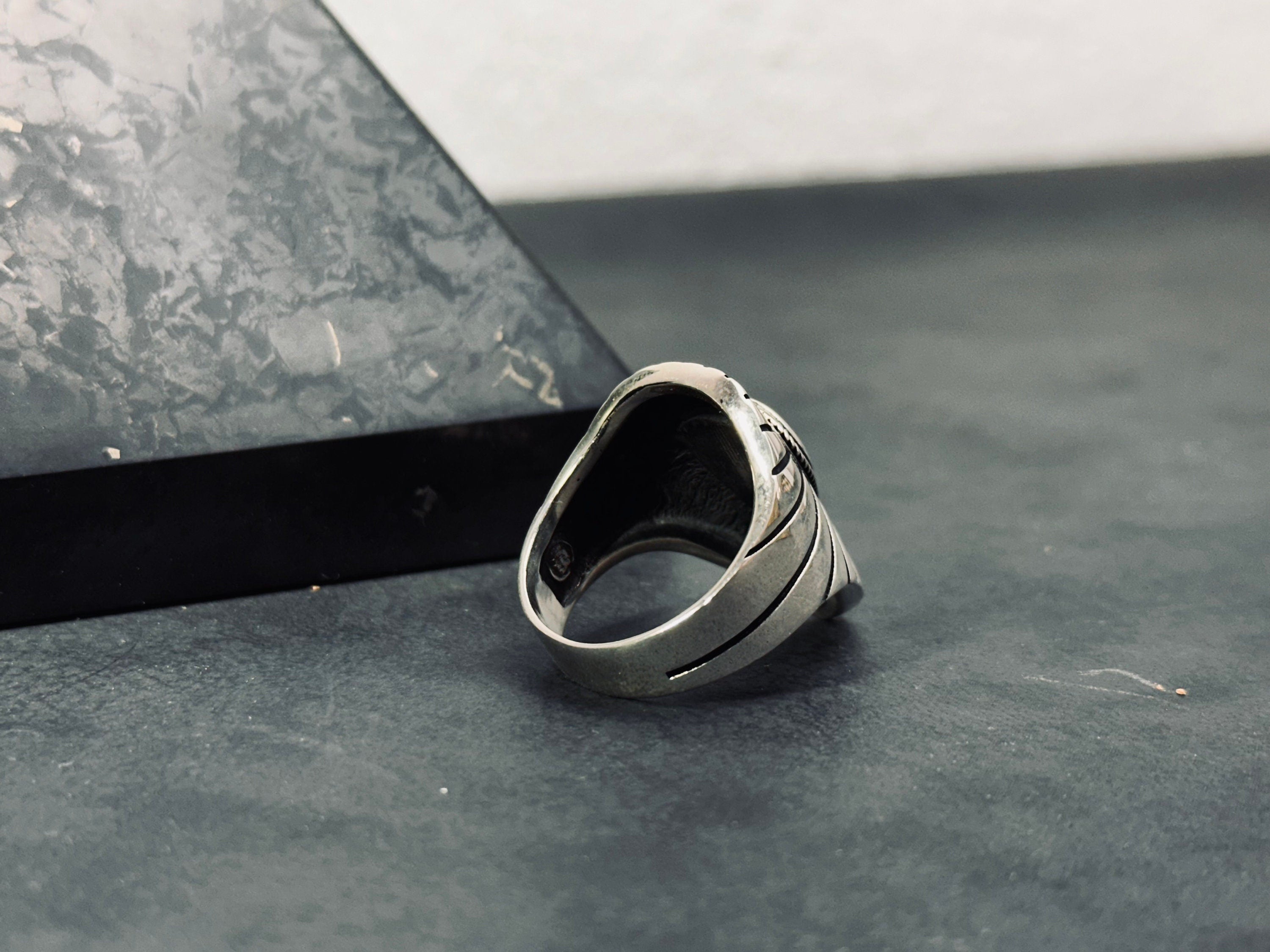 Men's Sterling Silver Ring, Green Agate Stone (Bold Signet Style)