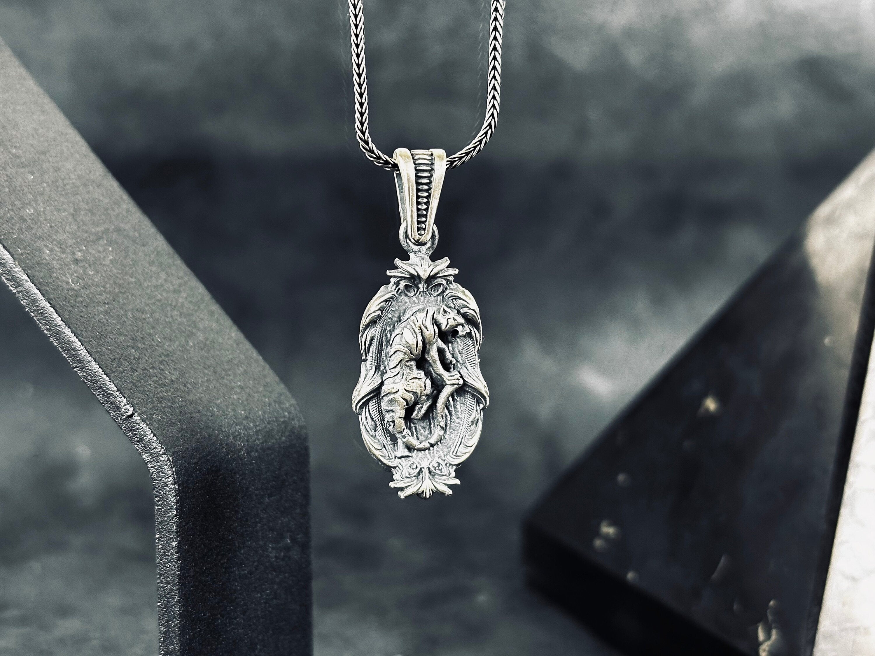Jaguar Pendant Necklace: Silver with Embroidery (Multiple Chain Lengths)