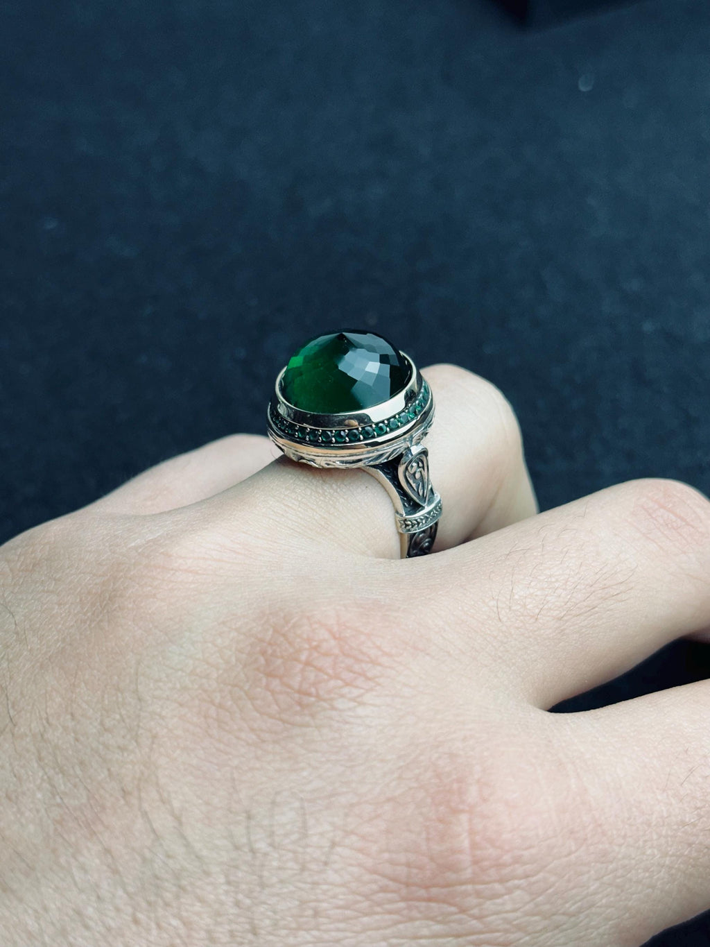 Round Green Emerald Ring - Minimalist Sterling Silver Handmade