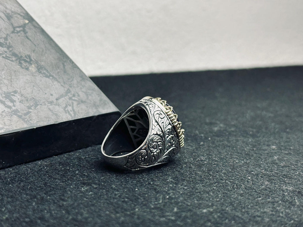 Viking Sapphire Ring, Dragon Engraved, Sterling Silver (Men's Size)