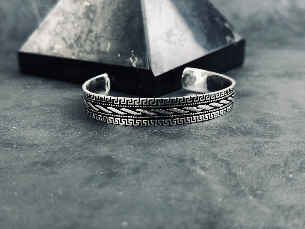 Greek Sterling Silver Cuff Bracelet, Handmade Adjustable (Unisex)
