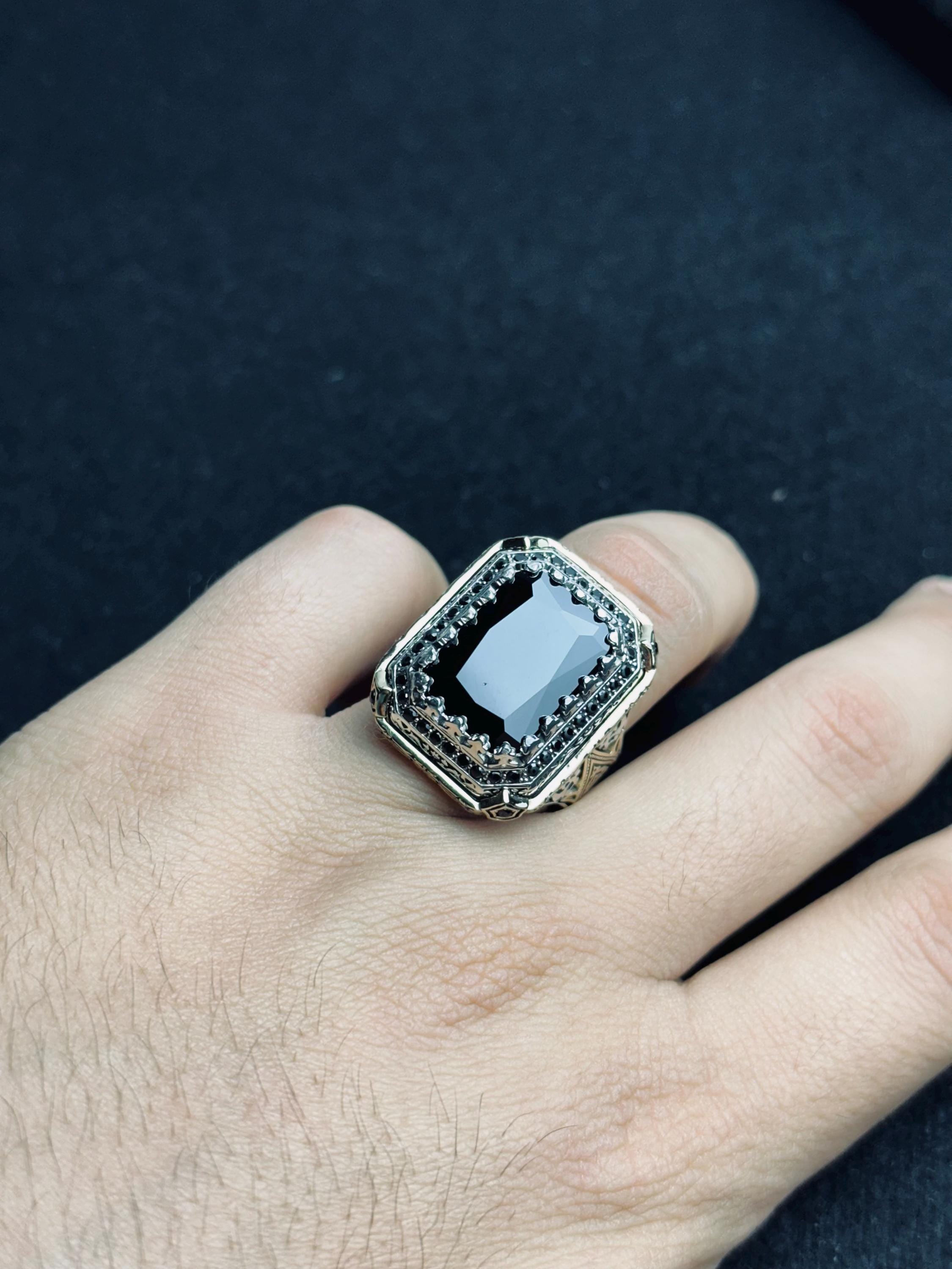 Square Black Zircon Men's Ring - Handmade Sterling Silver Vintage Look