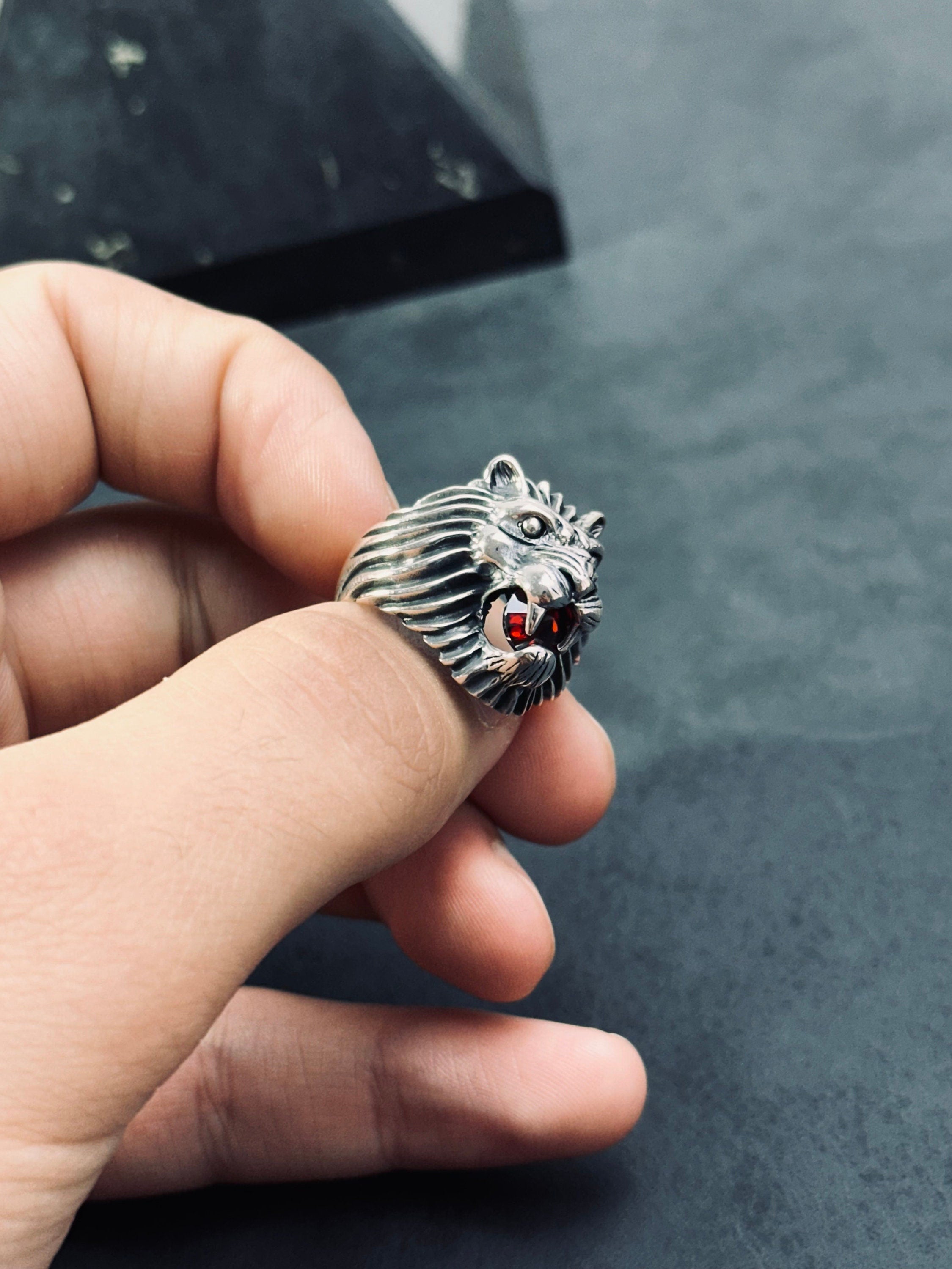 Men's Sterling Silver Lion Ring, Engraved CZ Gemstone (Handmade)