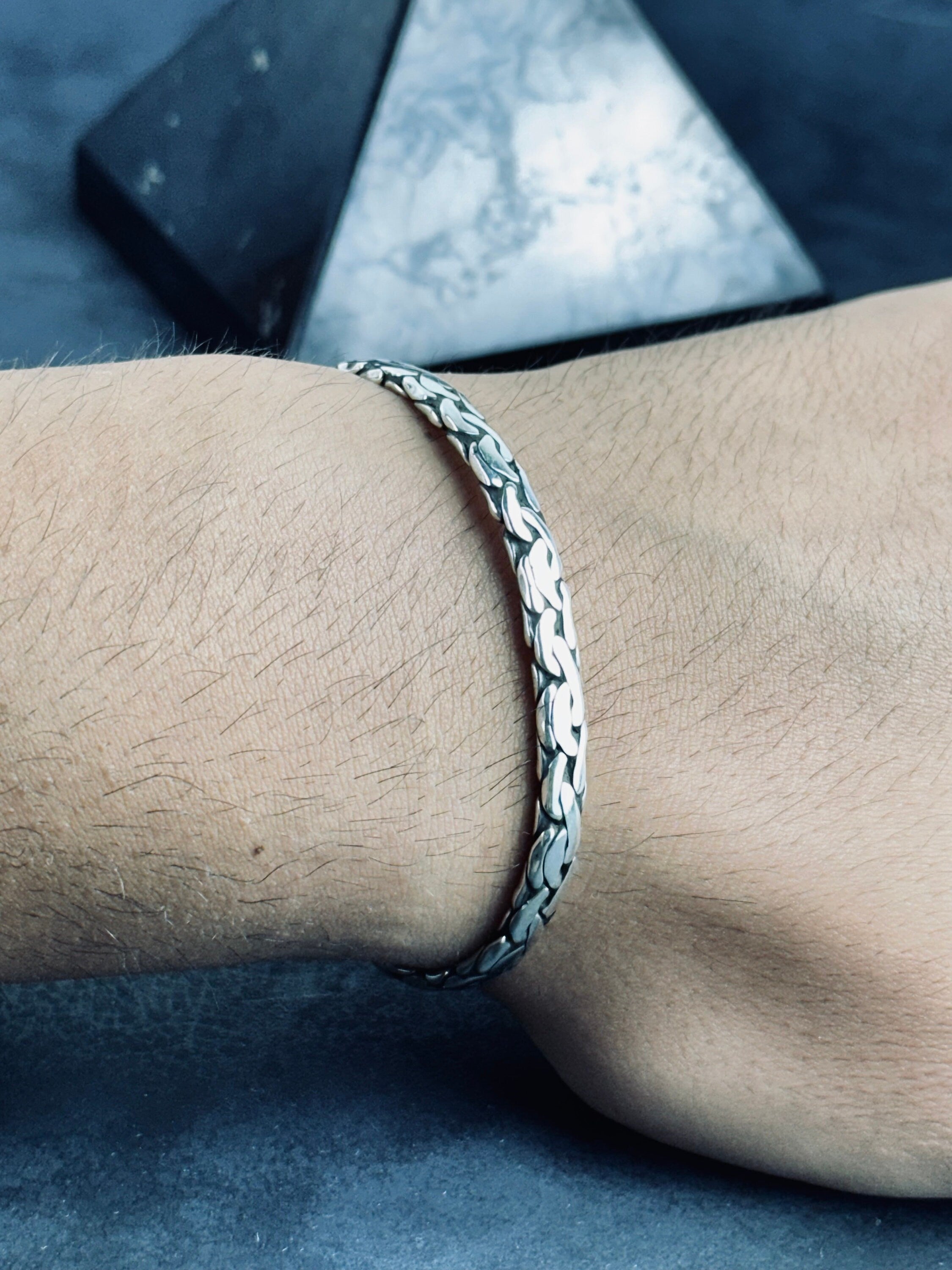 Sterling Silver Bangle: Knitted Design - Handmade Adjustable Cuff