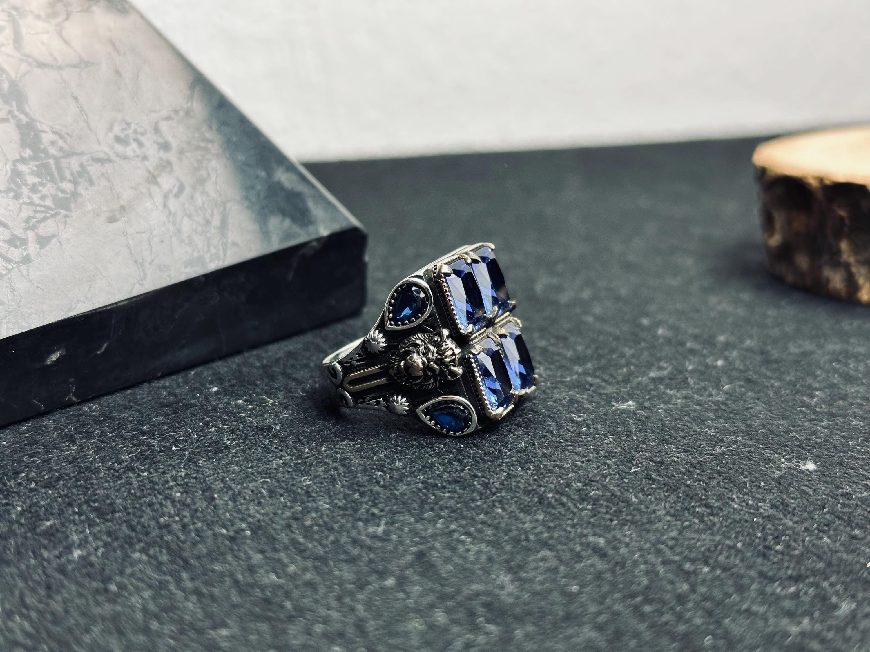 Men’s Statement Ring: Blue Zircon Stones - Handmade Sterling Silver