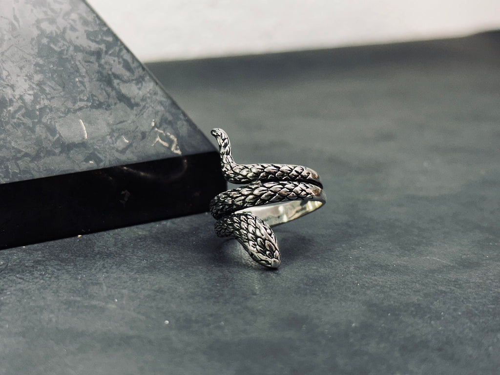 Sterling Silver Snake Ring, Oxidized Finish (Adjustable, Handmade)