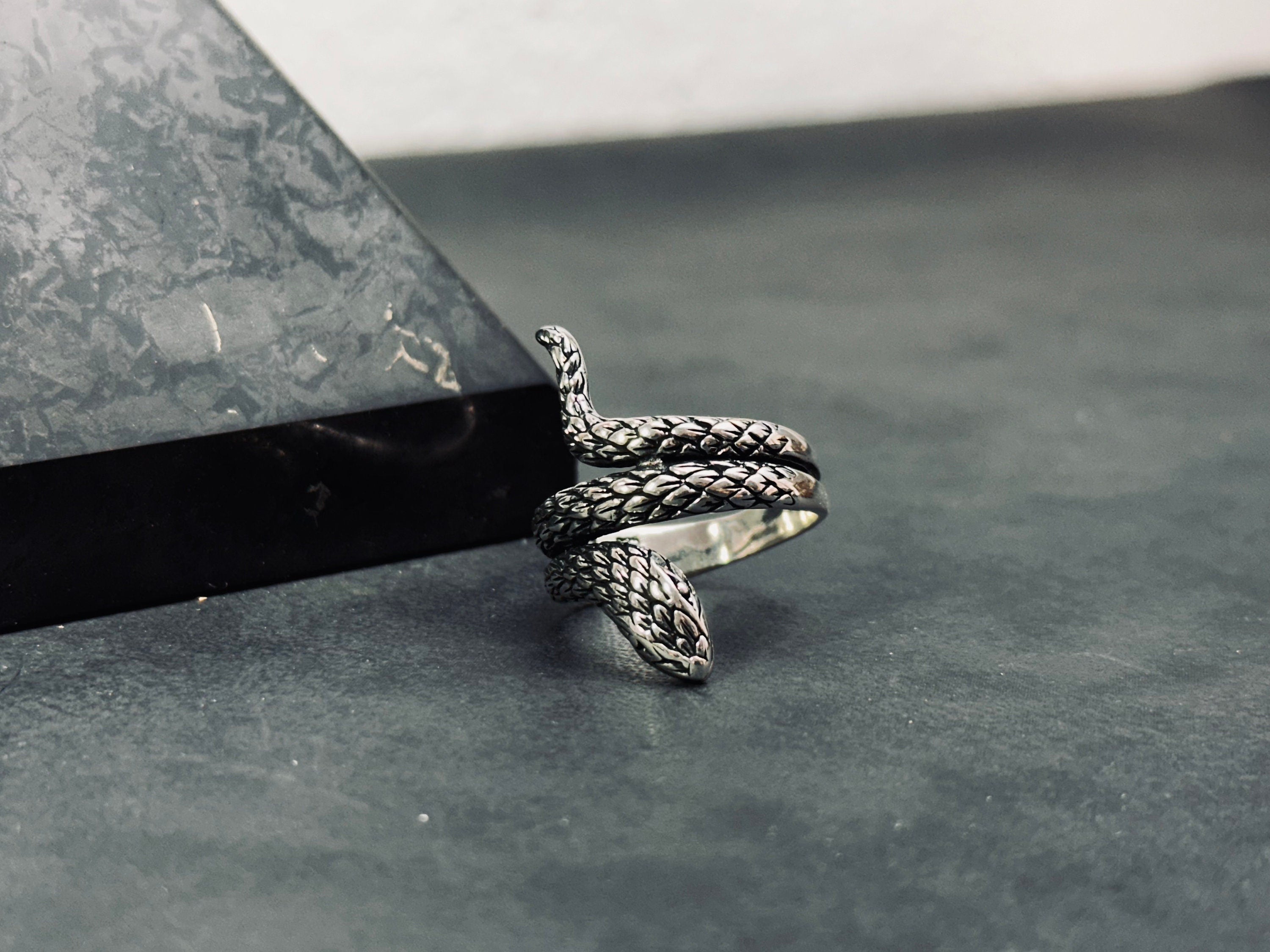 Sterling Silver Snake Ring, Oxidized Finish (Adjustable, Handmade)