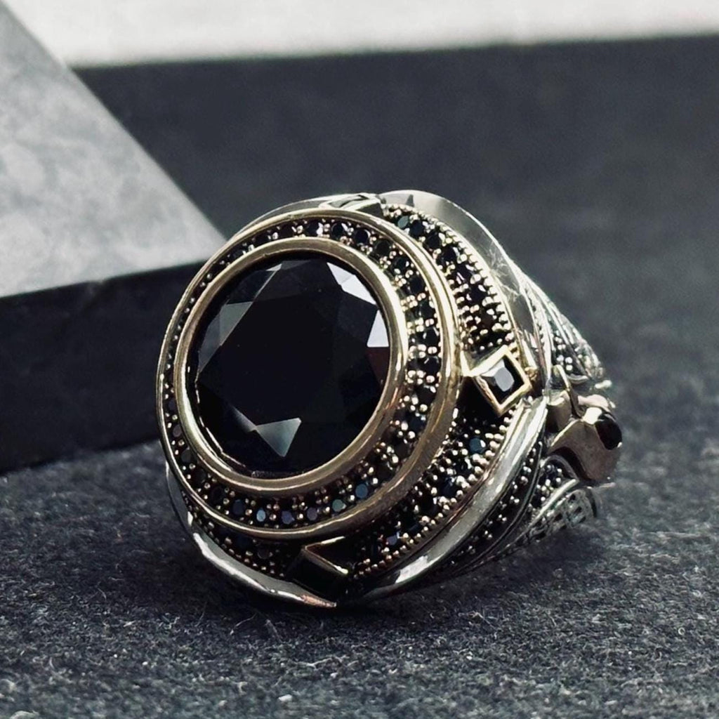 Sterling Silver Men's Ring: Black Zircon Stone (Handmade, Turkish Style)