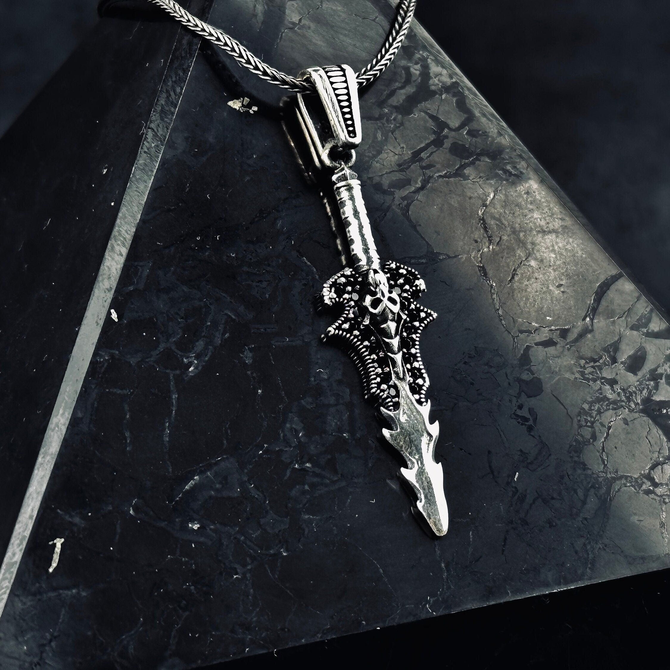 Silver Skull Sword Necklace - Mystic Gothic Gemstone Pendant