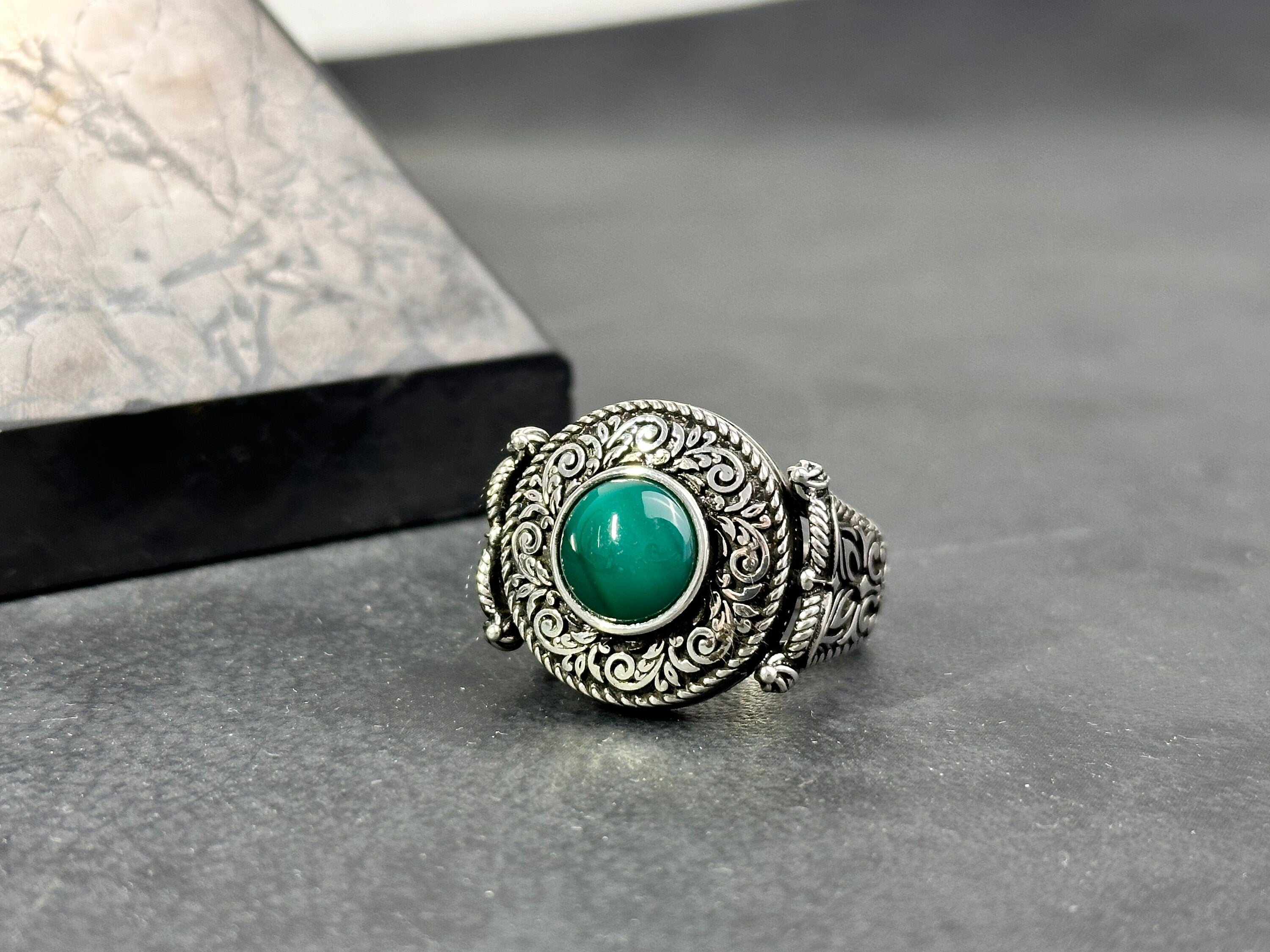 Men's Agate Ring: Cushion Green Stone - Handmade Sterling Silver