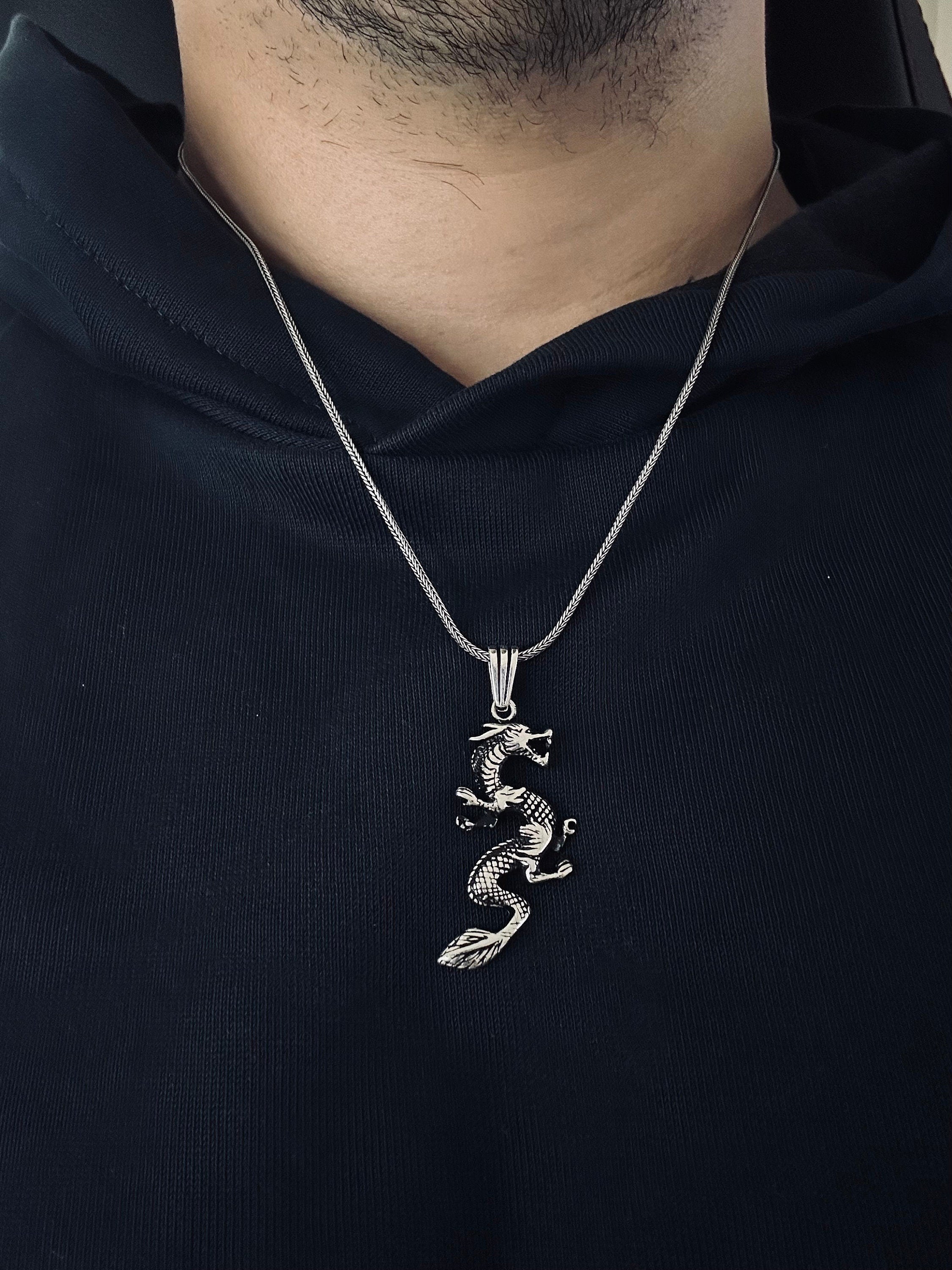 Fantasy Silver Necklace Dragon Charm (Handmade Pendant on Chain)