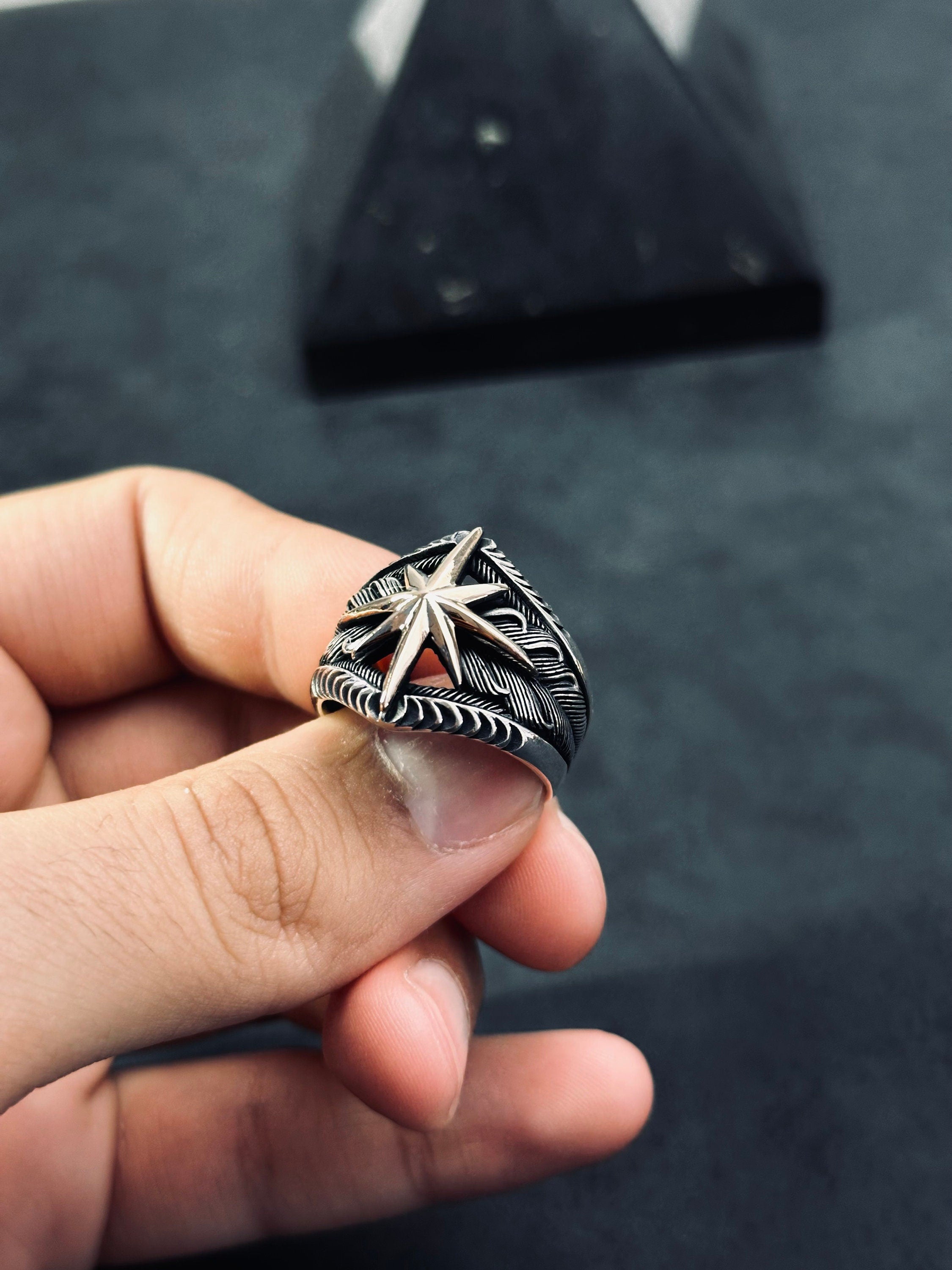 Sterling Silver Compass Ring, North Star Engraved (Handmade, 925)