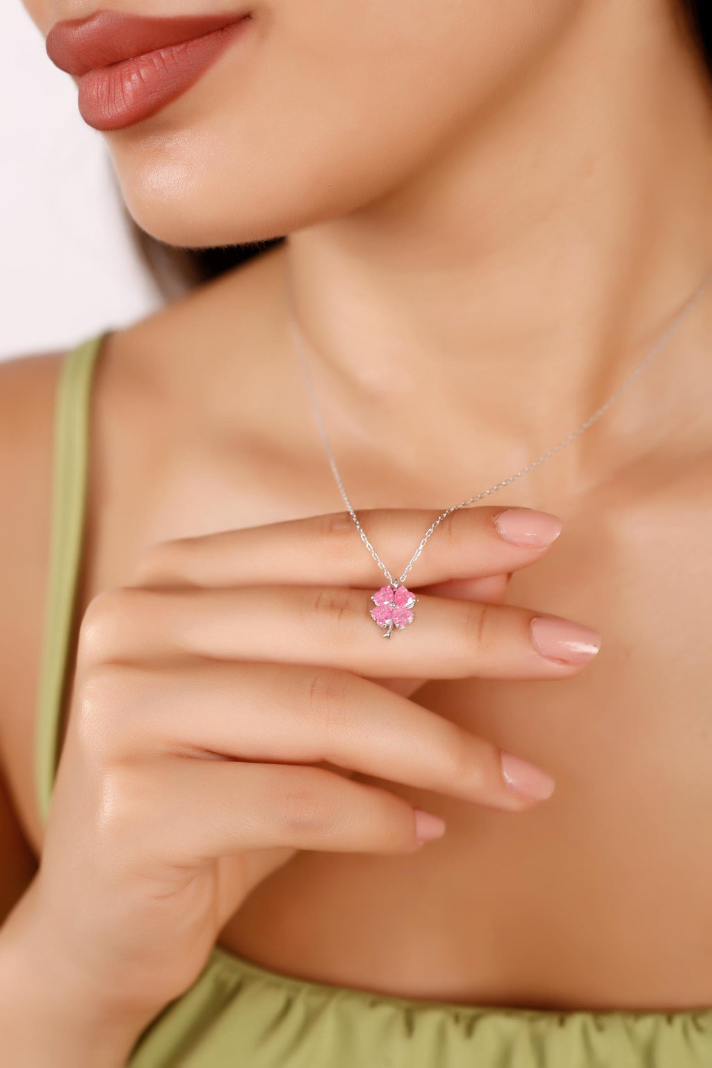Pink Four Leaf Clover Necklace, Sterling Silver Dainty Floral Charm Jewelry