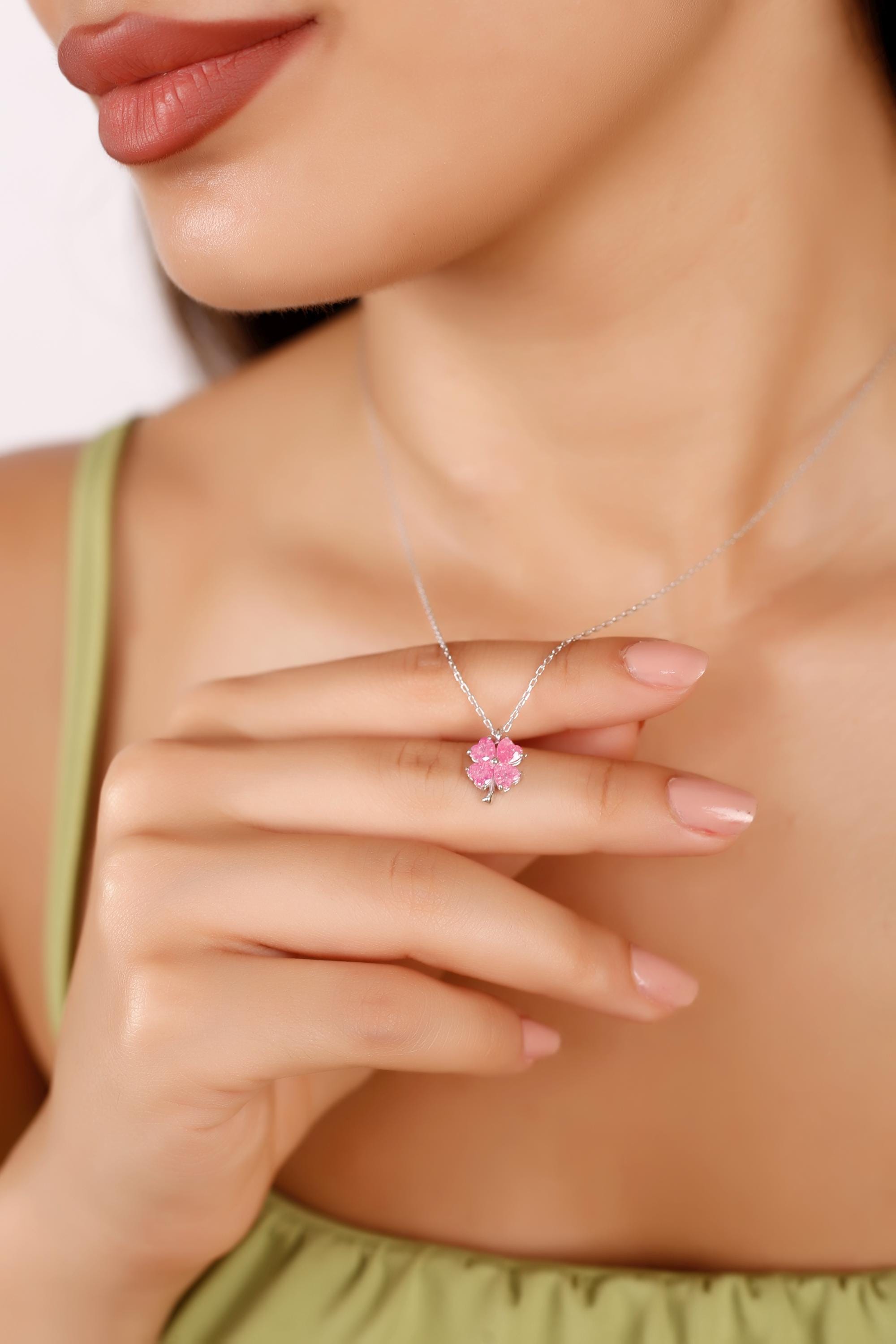Pink Four Leaf Clover Necklace, Sterling Silver Dainty Floral Charm Jewelry