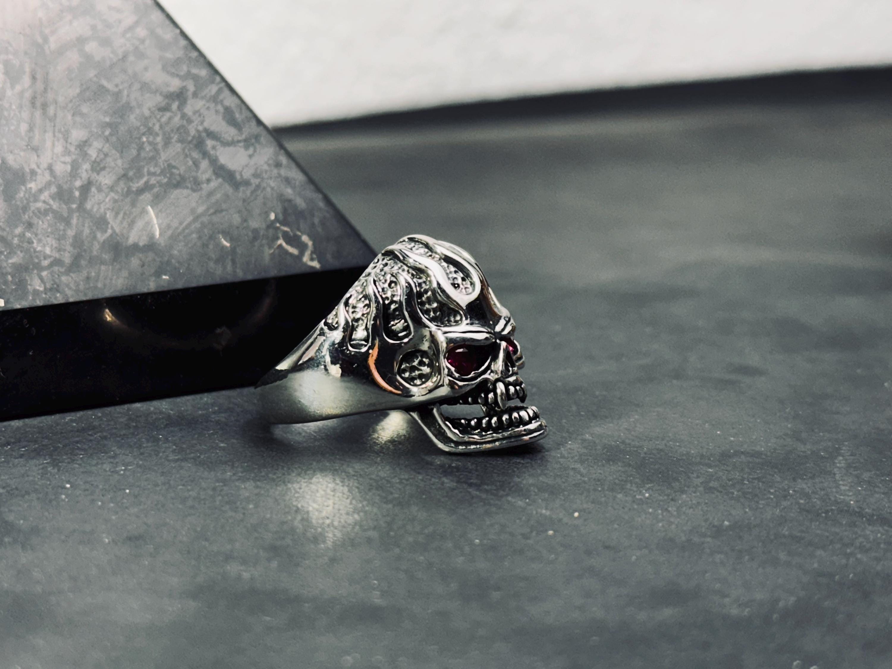 Skull Ring: Gothic Sterling Silver - Cubic Zirconia Accent