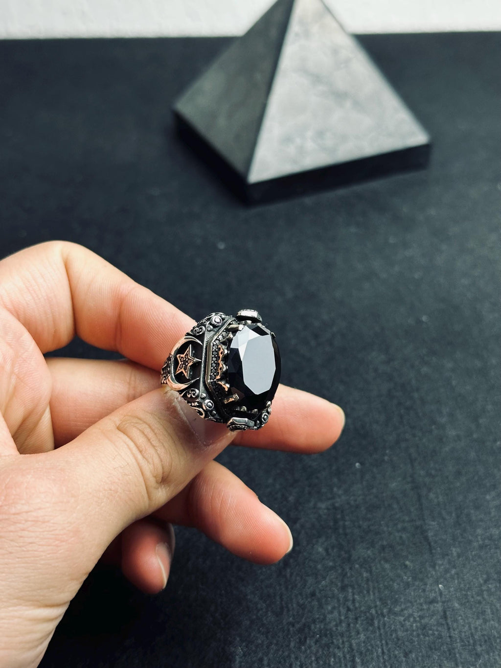 Men's Signet Ring: Black Zircon Stone - Sterling Silver