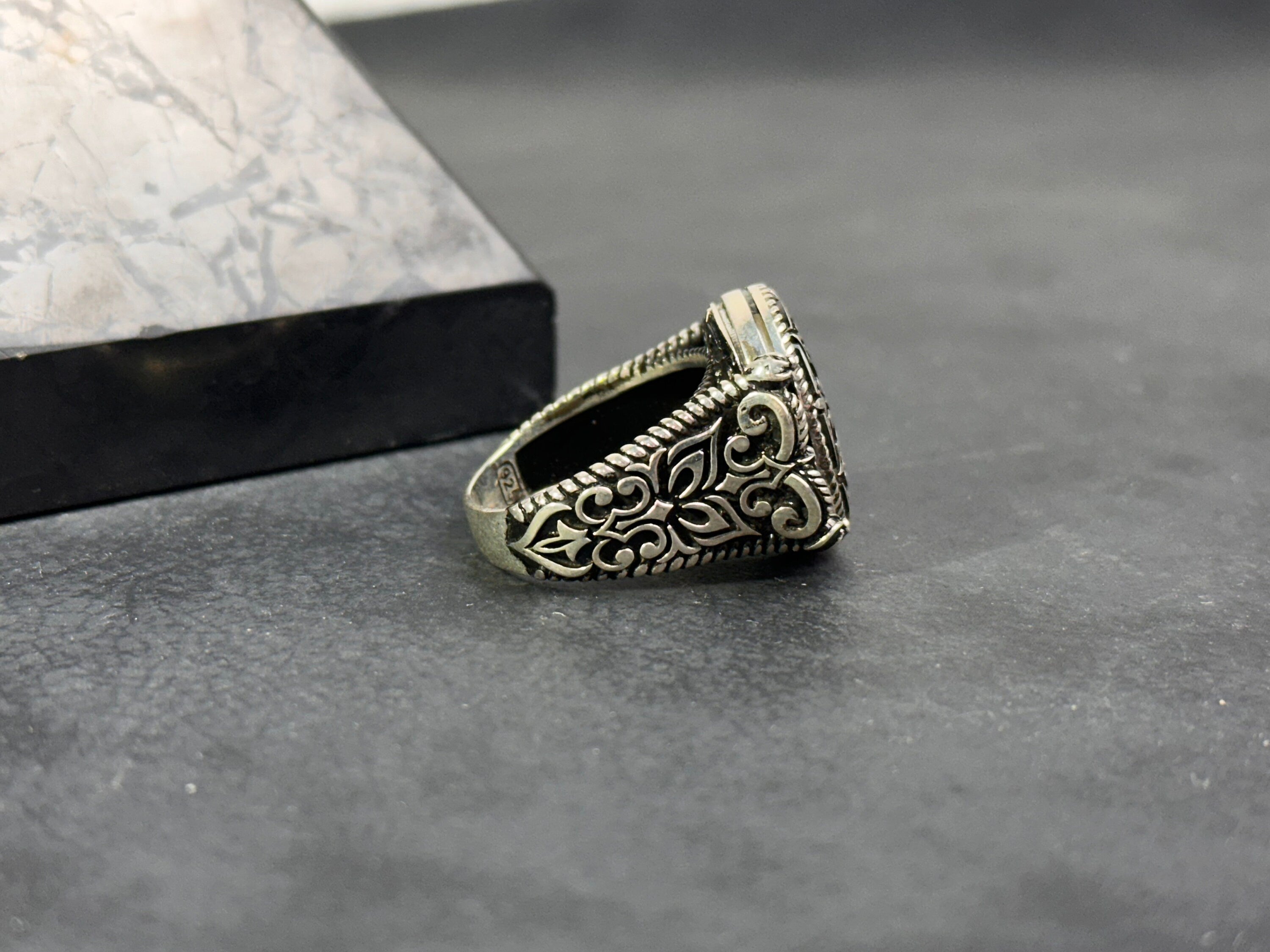 Sterling Silver Ring: Flower Engraving Detail (Dainty Style)