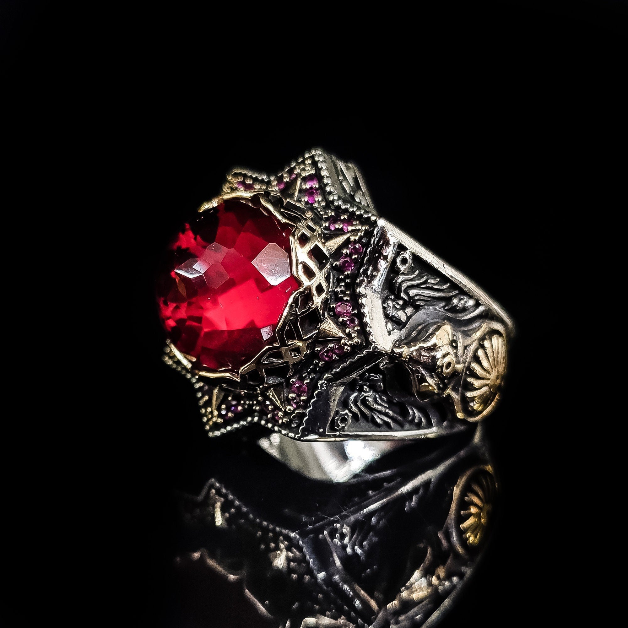 Ottoman Helmet Silver Ring, Red Zircon Accent (Men's Size)